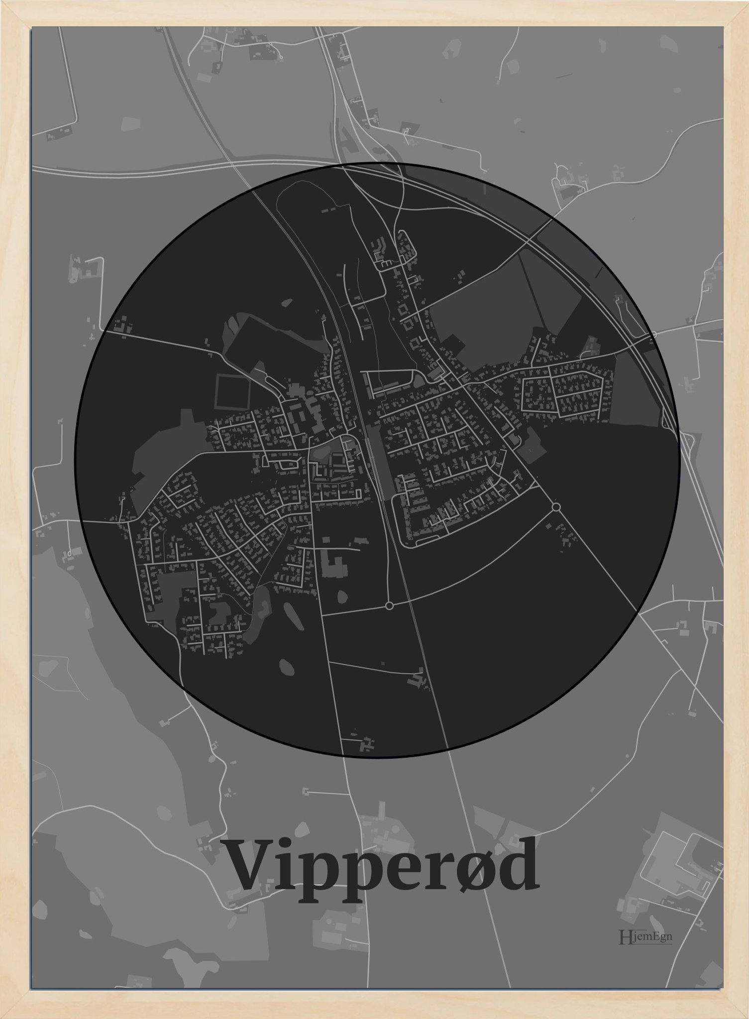 Vipperød plakat i farve mørk grå og HjemEgn.dk design centrum. Design bykort for Vipperød