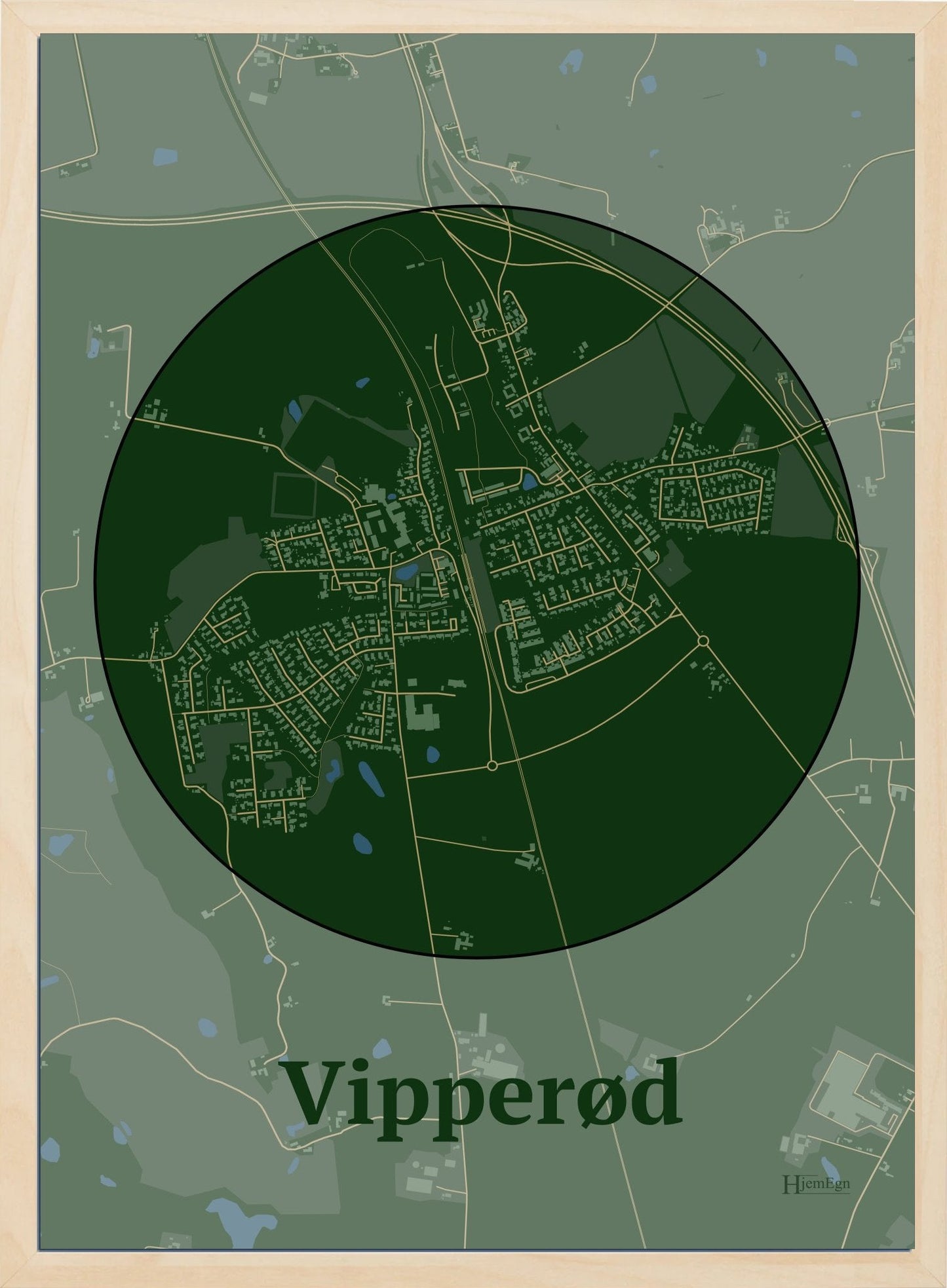 Vipperød plakat i farve mørk grøn og HjemEgn.dk design centrum. Design bykort for Vipperød
