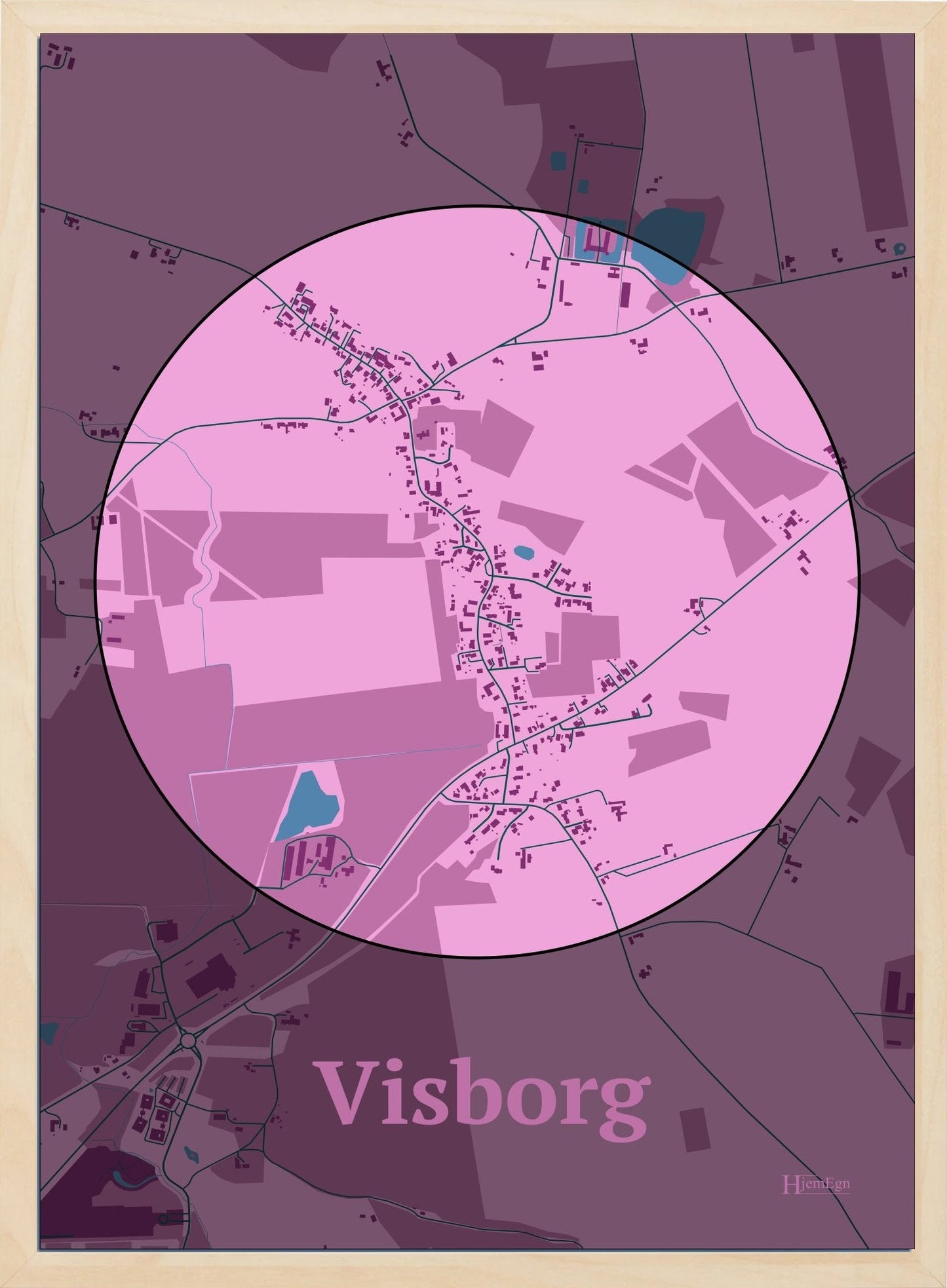 Visborg plakat i farve pastel rød og HjemEgn.dk design centrum. Design bykort for Visborg