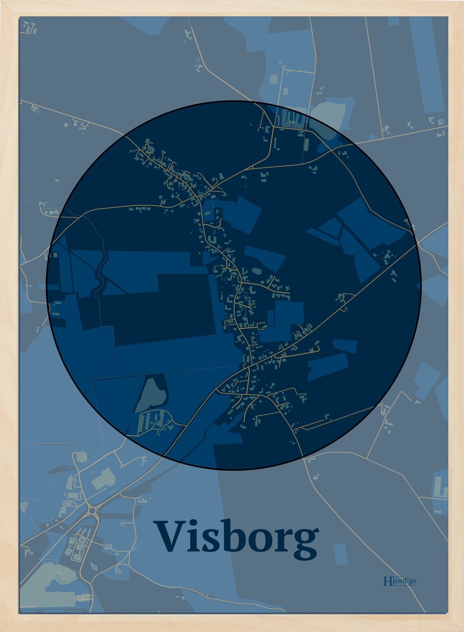Visborg plakat i farve mørk blå og HjemEgn.dk design centrum. Design bykort for Visborg