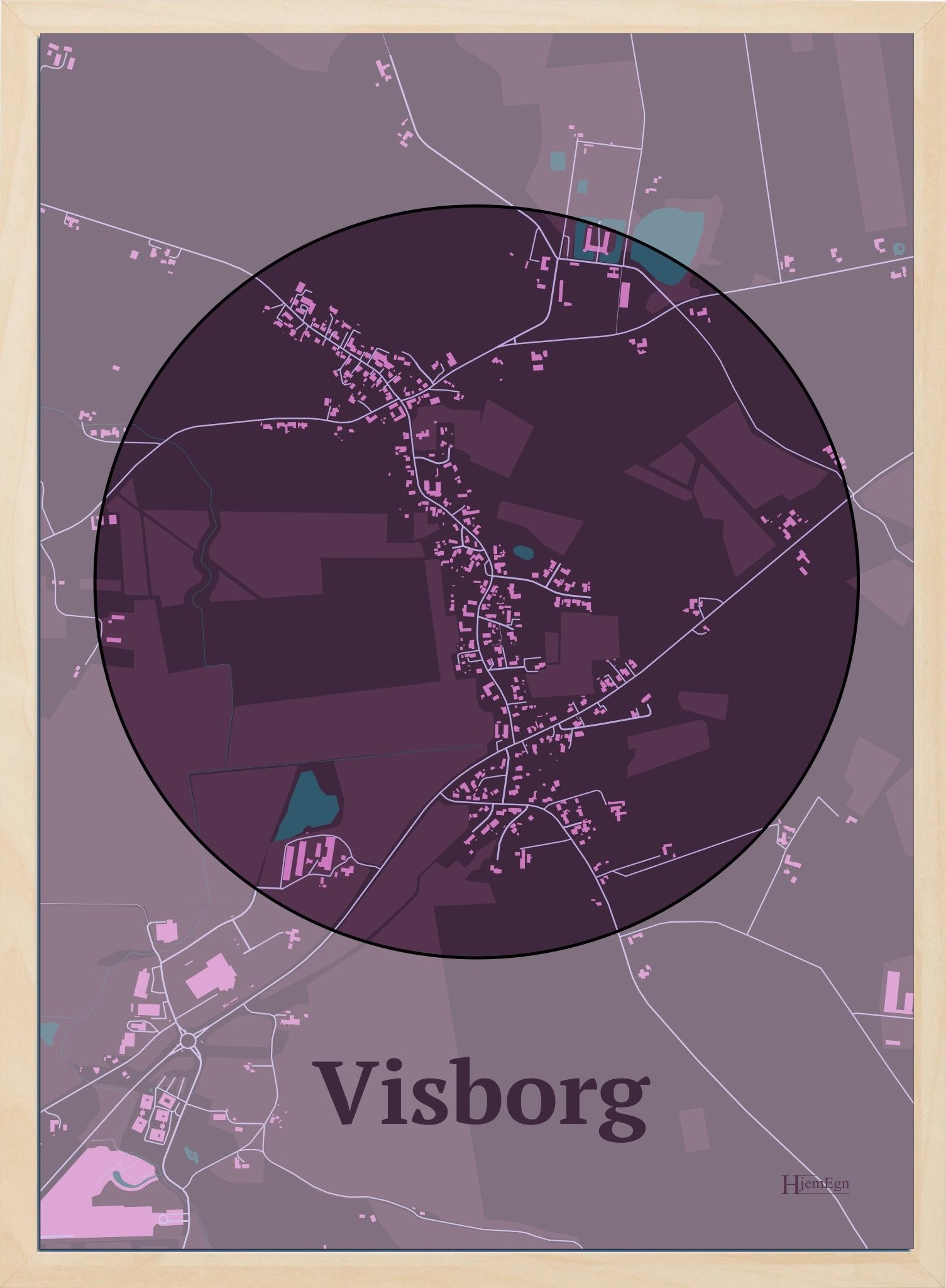 Visborg plakat i farve mørk rød og HjemEgn.dk design centrum. Design bykort for Visborg