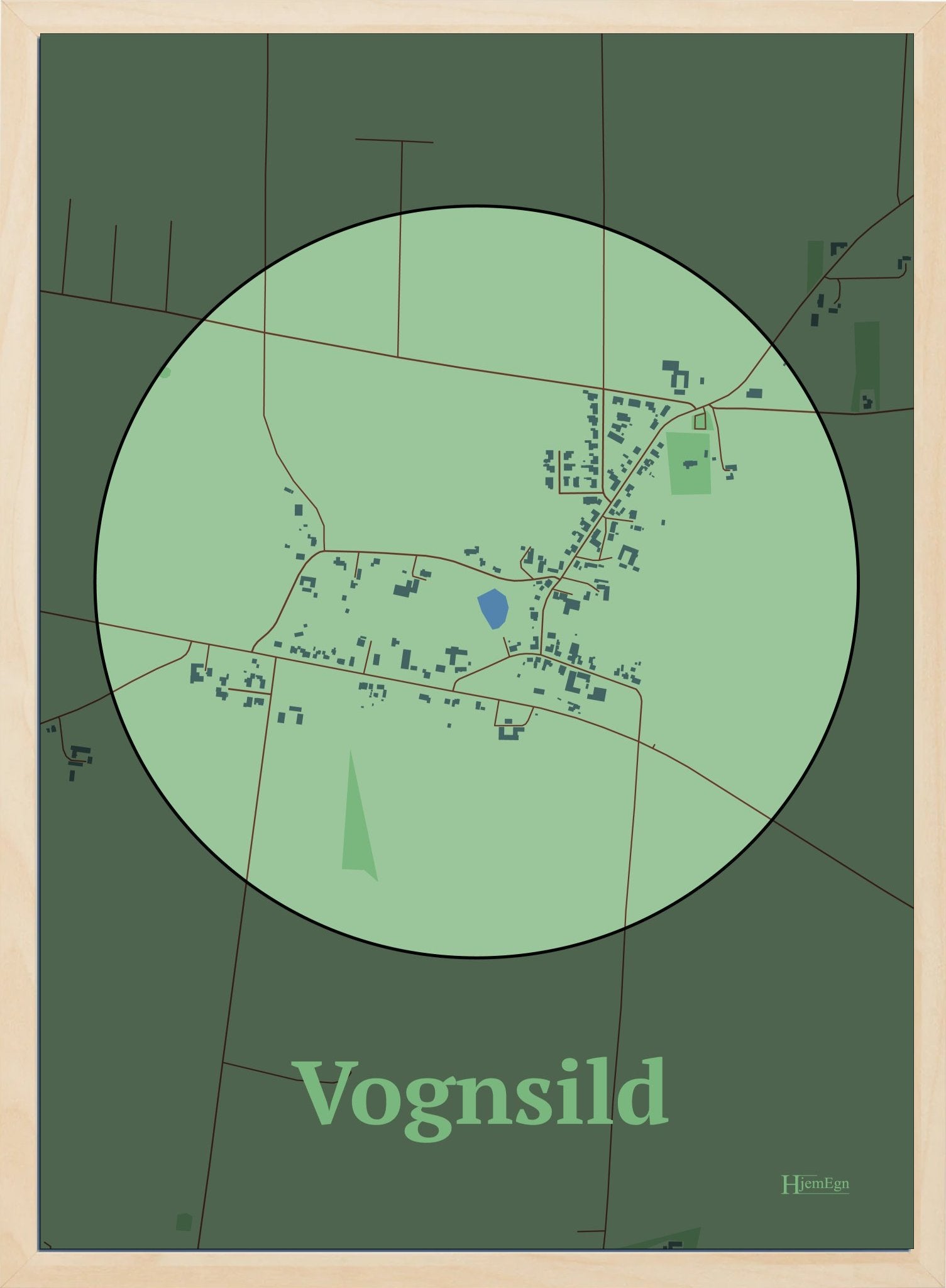 Vognsild plakat i farve pastel grøn og HjemEgn.dk design centrum. Design bykort for Vognsild