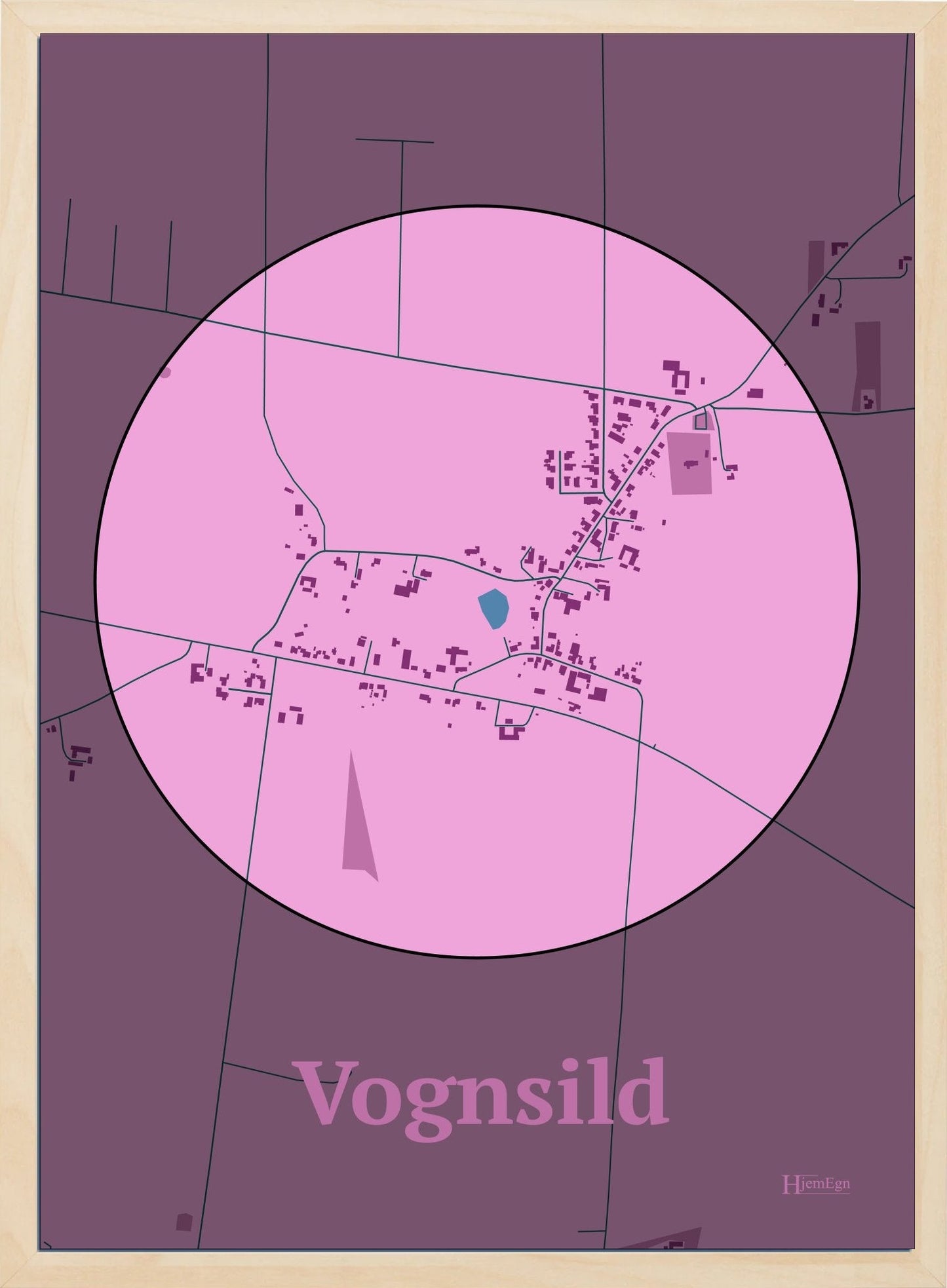 Vognsild plakat i farve pastel rød og HjemEgn.dk design centrum. Design bykort for Vognsild