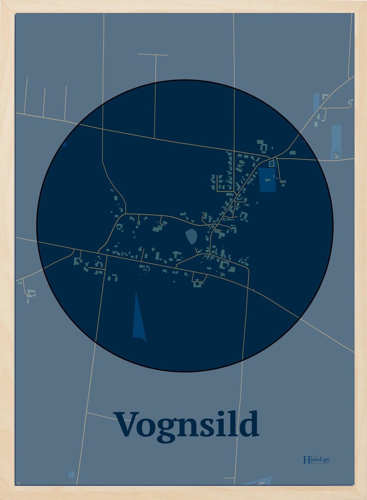 Vognsild plakat i farve mørk blå og HjemEgn.dk design centrum. Design bykort for Vognsild