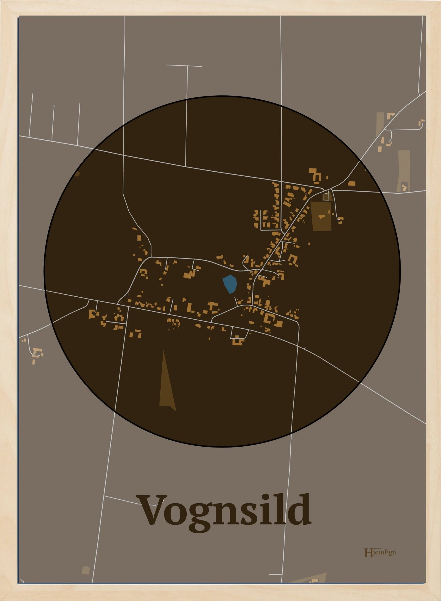 Vognsild plakat i farve mørk brun og HjemEgn.dk design centrum. Design bykort for Vognsild
