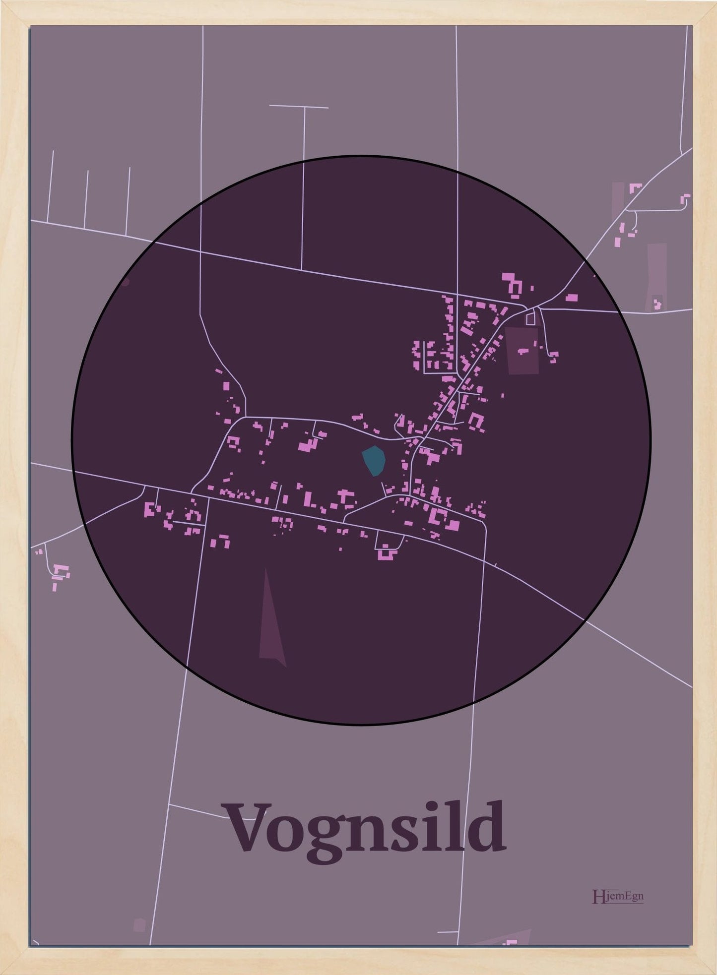 Vognsild plakat i farve mørk rød og HjemEgn.dk design centrum. Design bykort for Vognsild