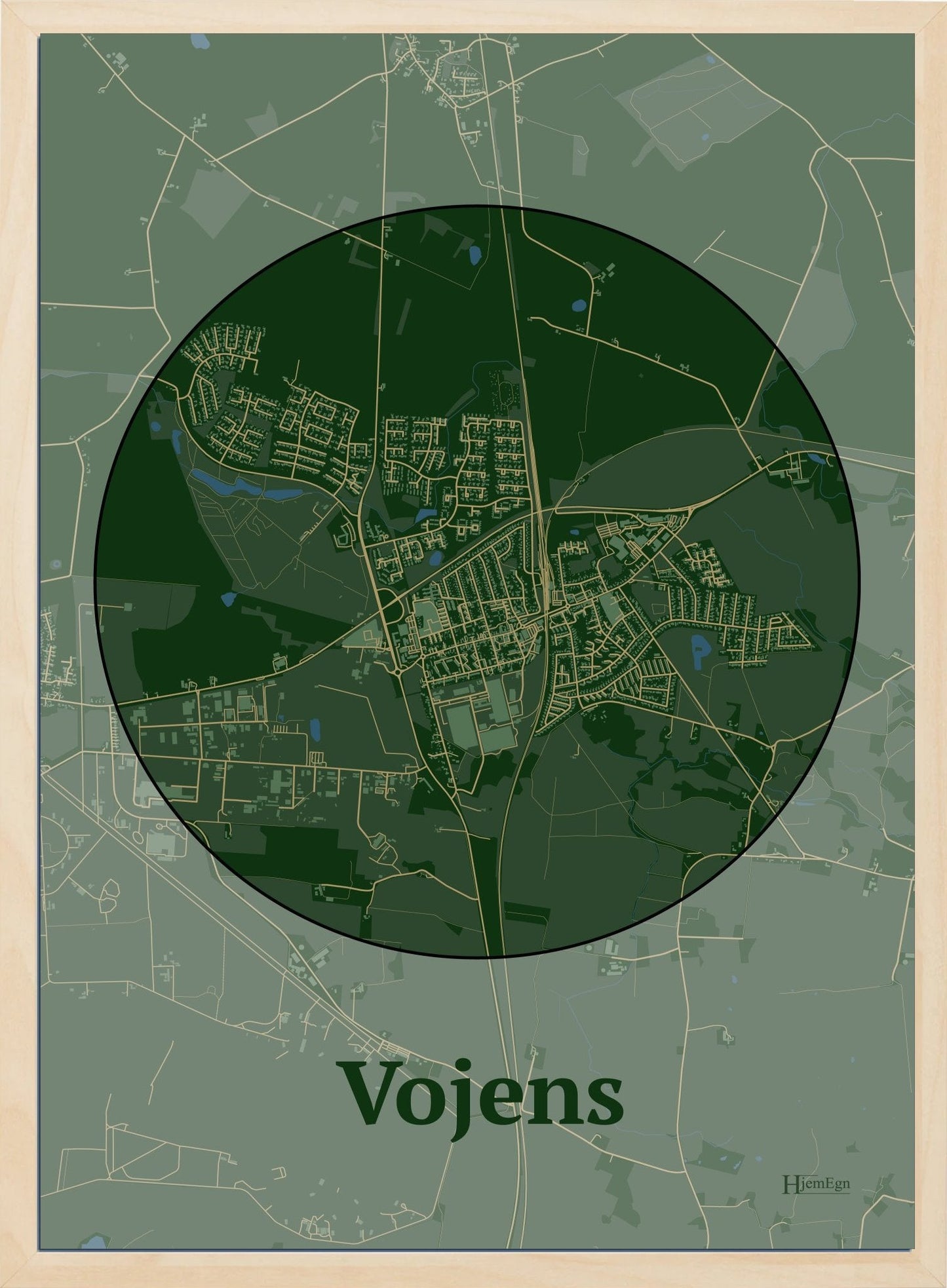 Vojens plakat i farve mørk grøn og HjemEgn.dk design centrum. Design bykort for Vojens