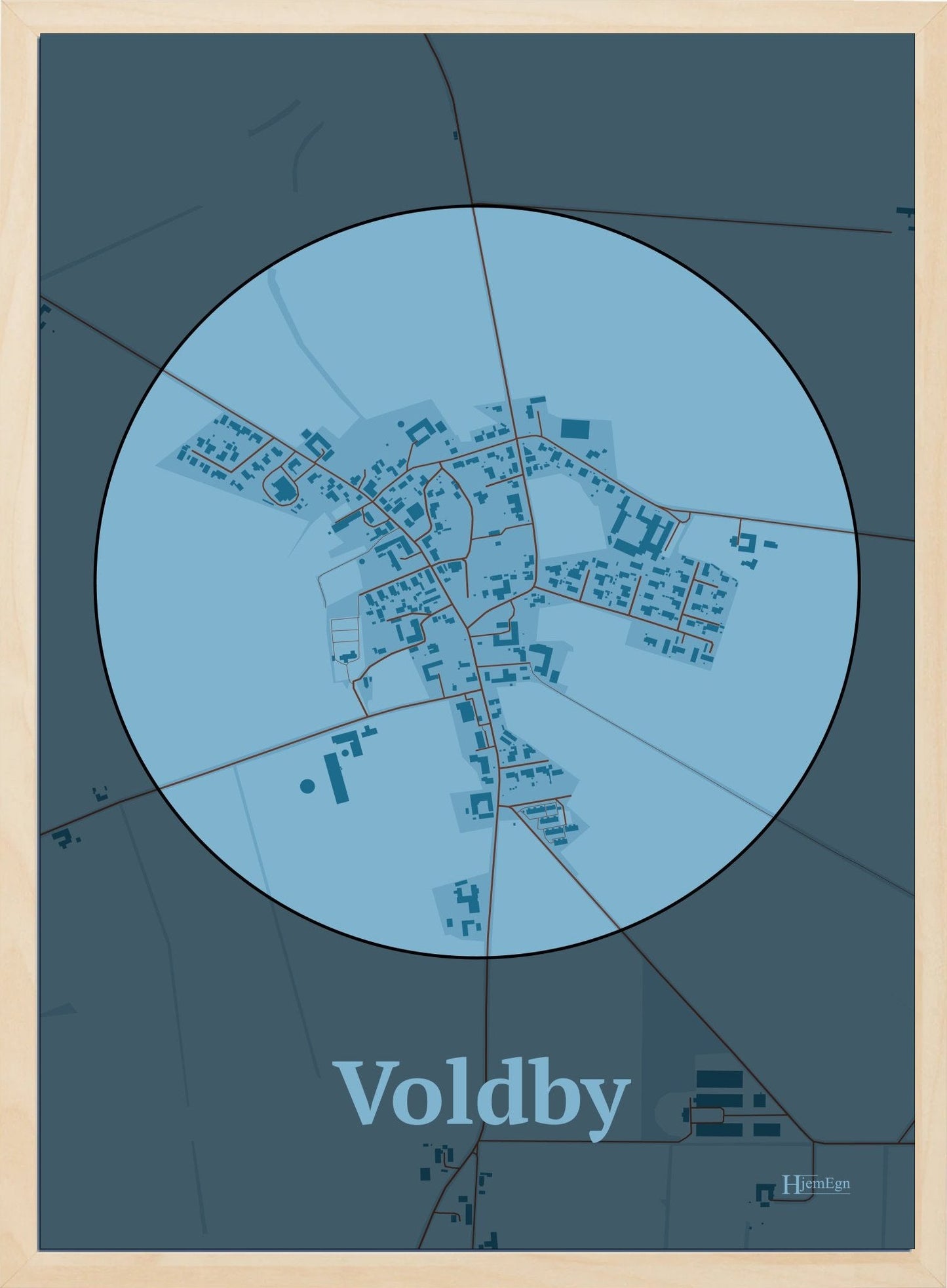 Voldby plakat i farve pastel blå og HjemEgn.dk design centrum. Design bykort for Voldby