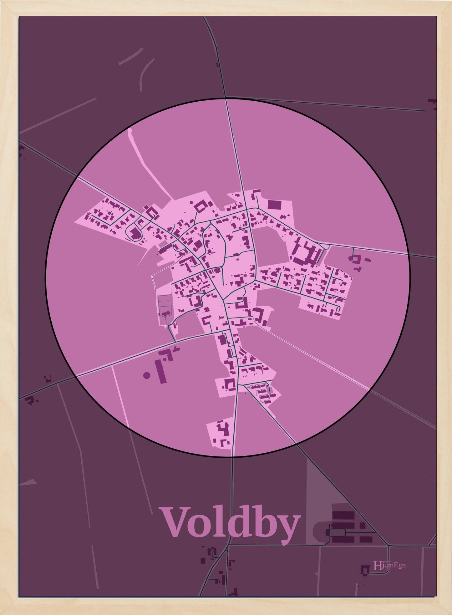 Voldby plakat i farve pastel rød og HjemEgn.dk design centrum. Design bykort for Voldby