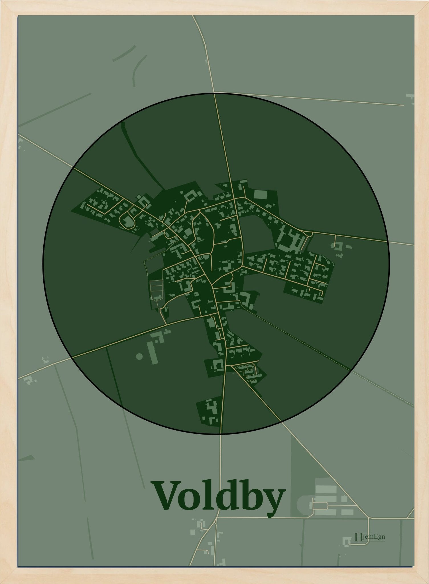 Voldby plakat i farve mørk grøn og HjemEgn.dk design centrum. Design bykort for Voldby
