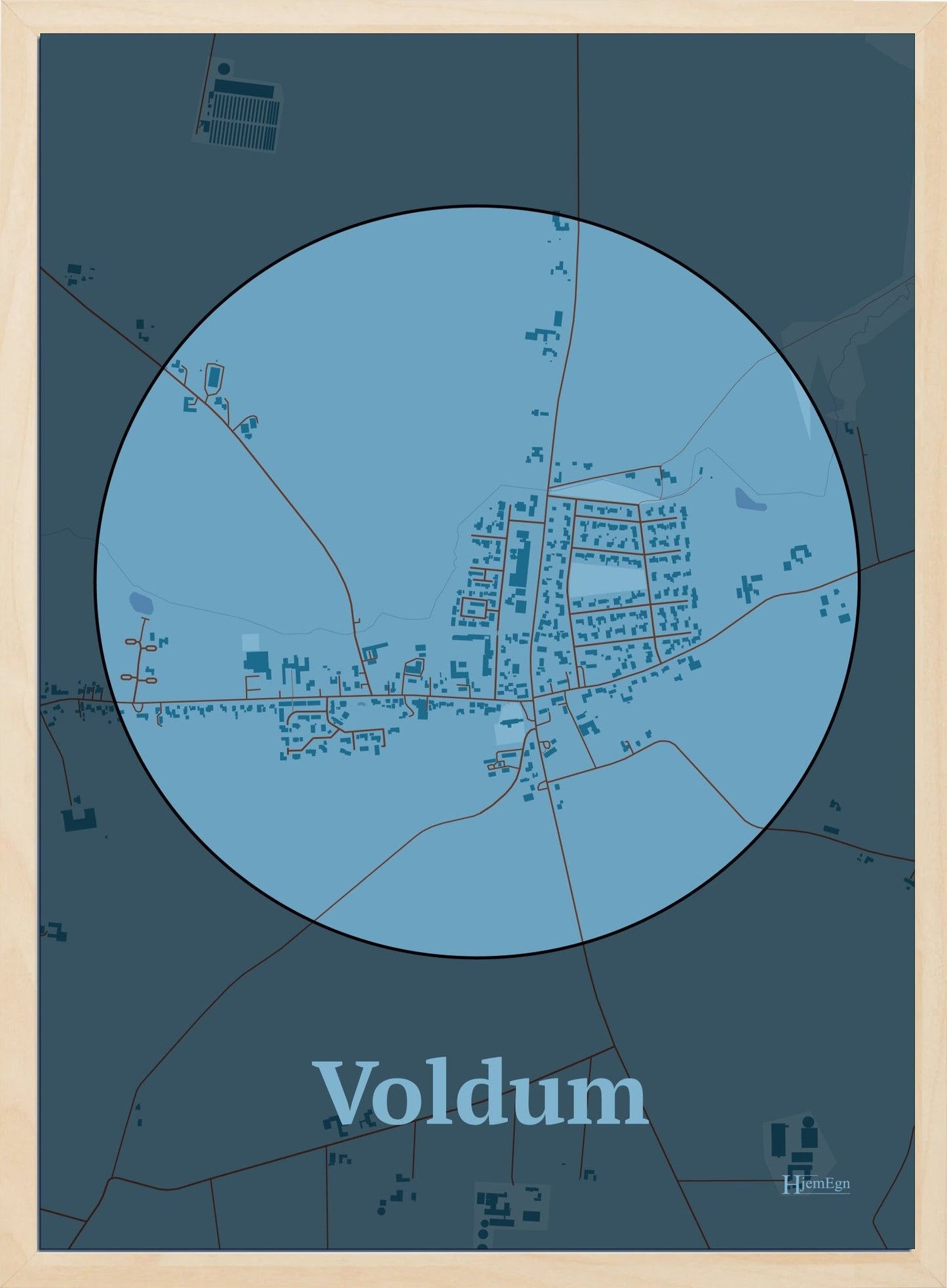 Voldum plakat i farve pastel blå og HjemEgn.dk design centrum. Design bykort for Voldum