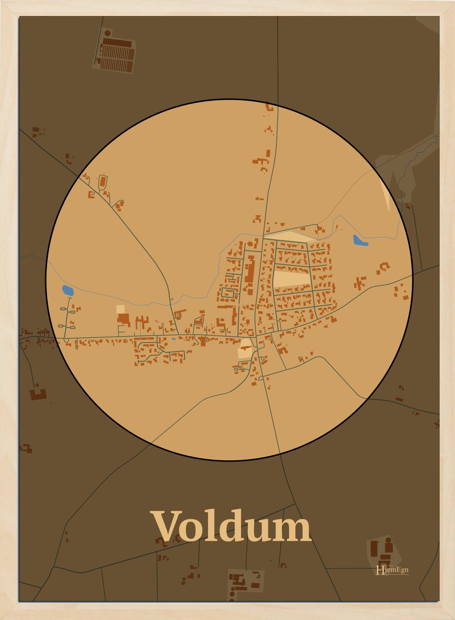 Voldum plakat i farve pastel brun og HjemEgn.dk design centrum. Design bykort for Voldum