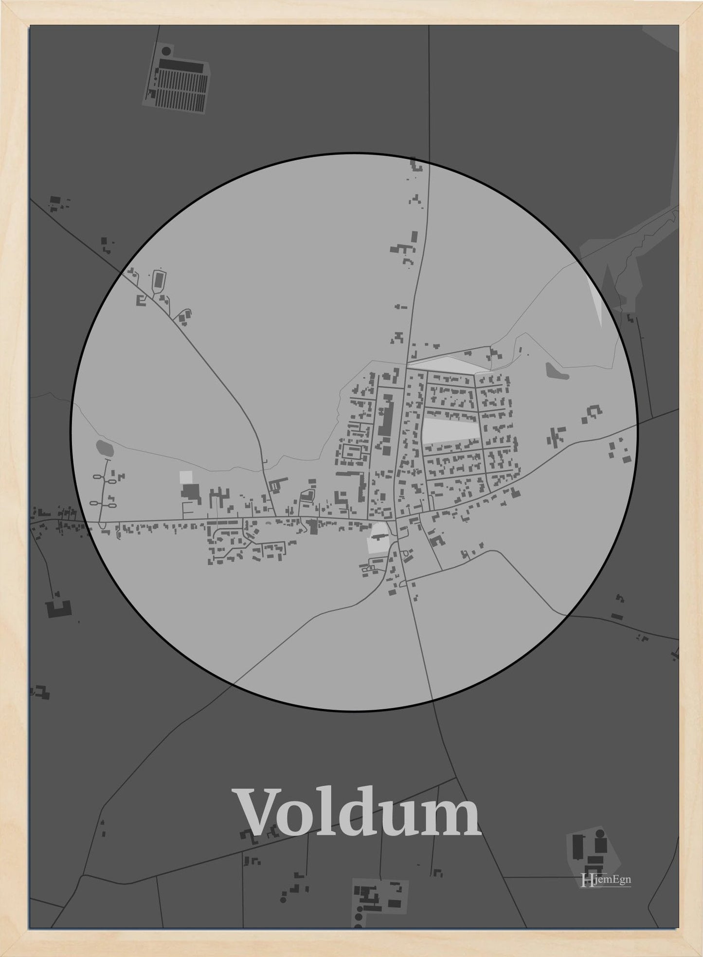 Voldum plakat i farve pastel grå og HjemEgn.dk design centrum. Design bykort for Voldum