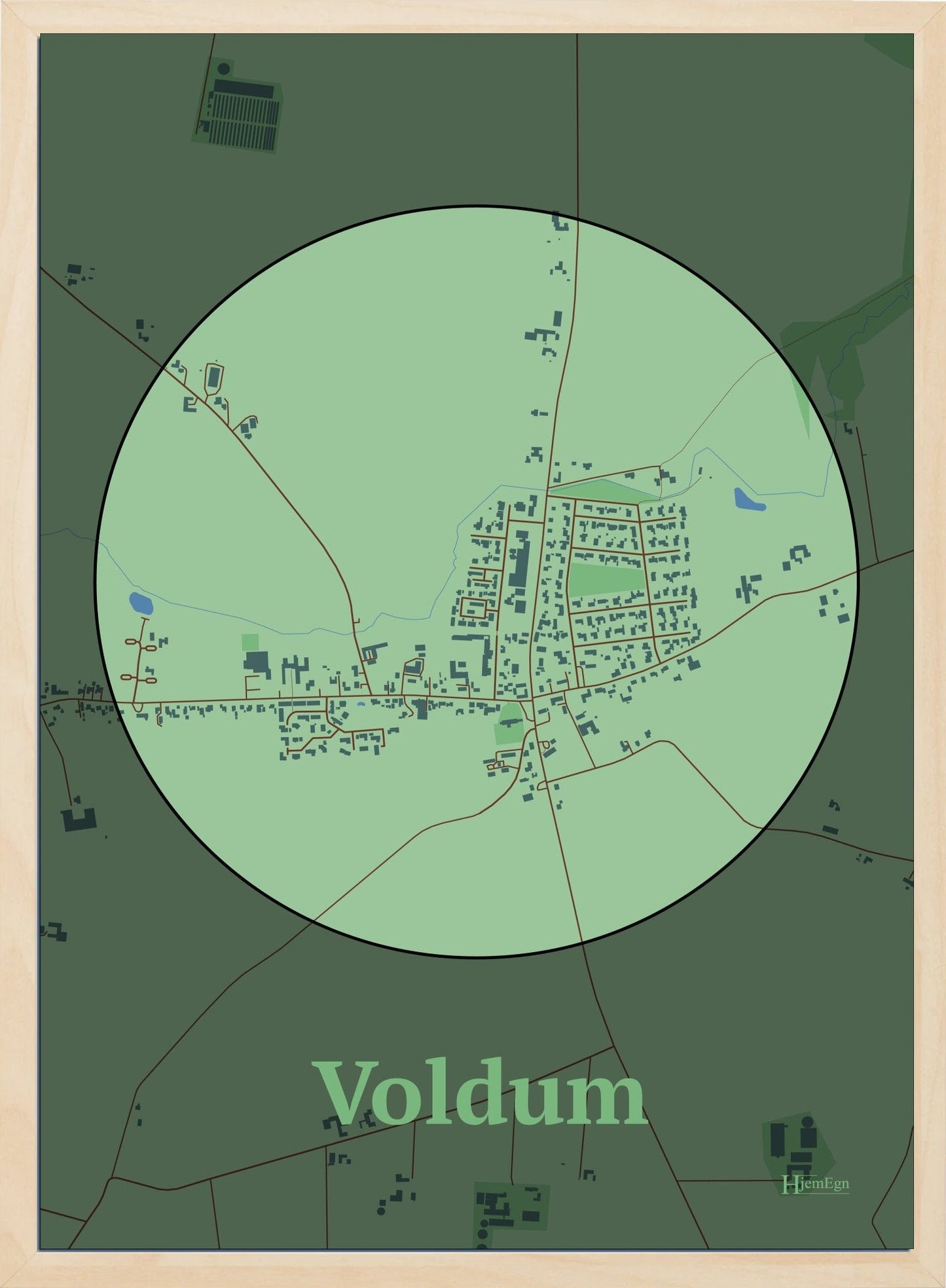 Voldum plakat i farve pastel grøn og HjemEgn.dk design centrum. Design bykort for Voldum