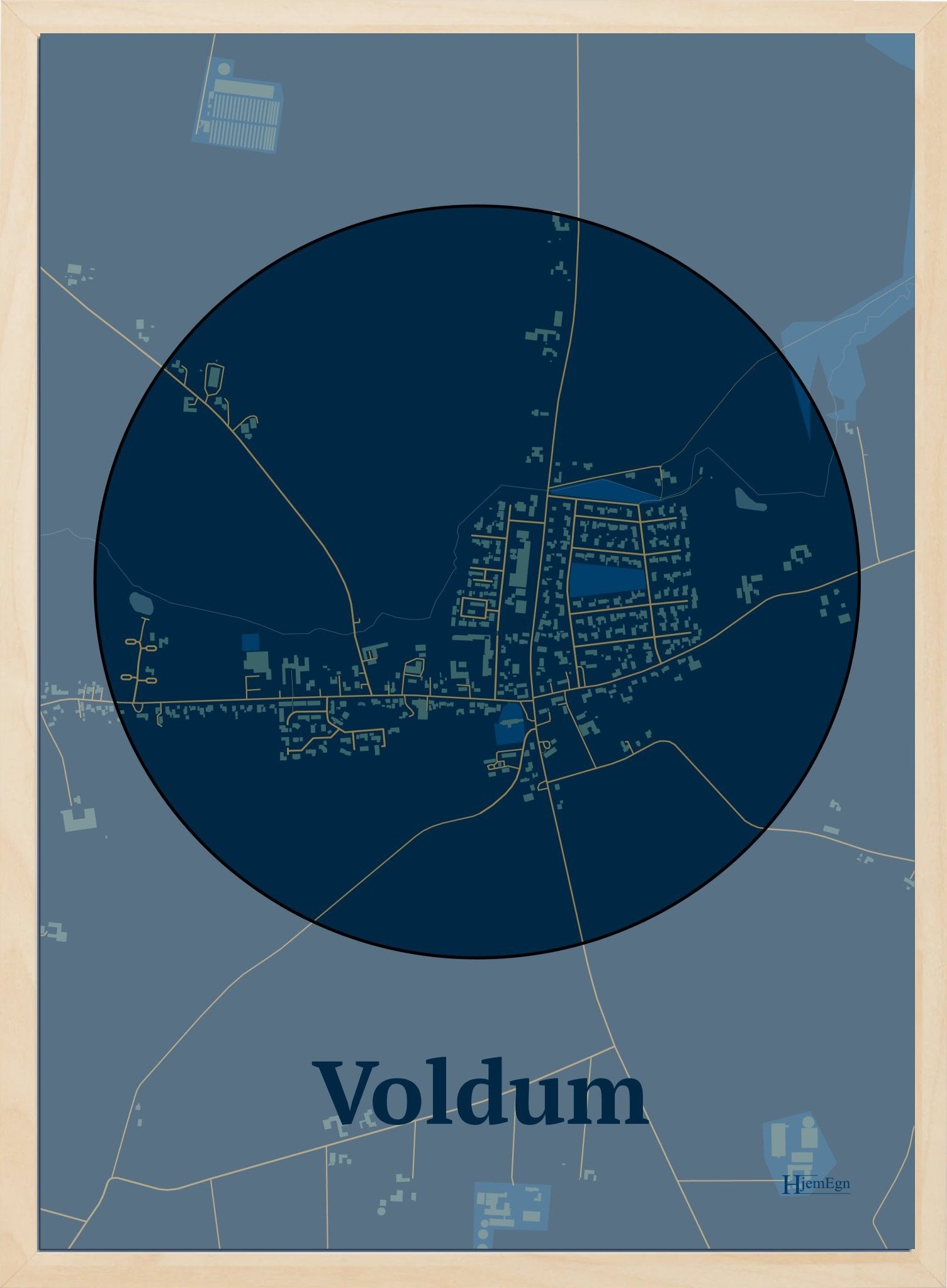 Voldum plakat i farve mørk blå og HjemEgn.dk design centrum. Design bykort for Voldum