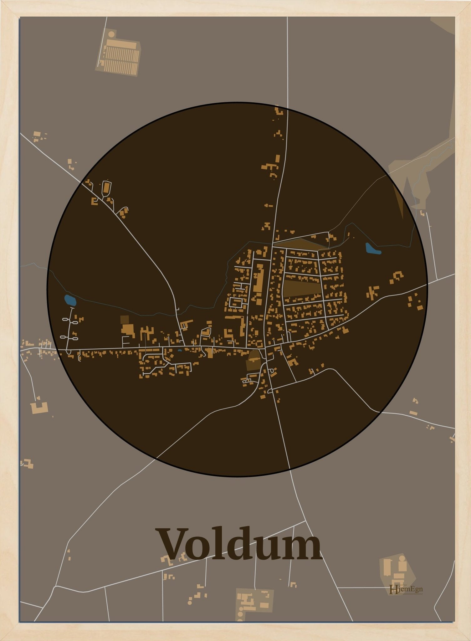 Voldum plakat i farve mørk brun og HjemEgn.dk design centrum. Design bykort for Voldum