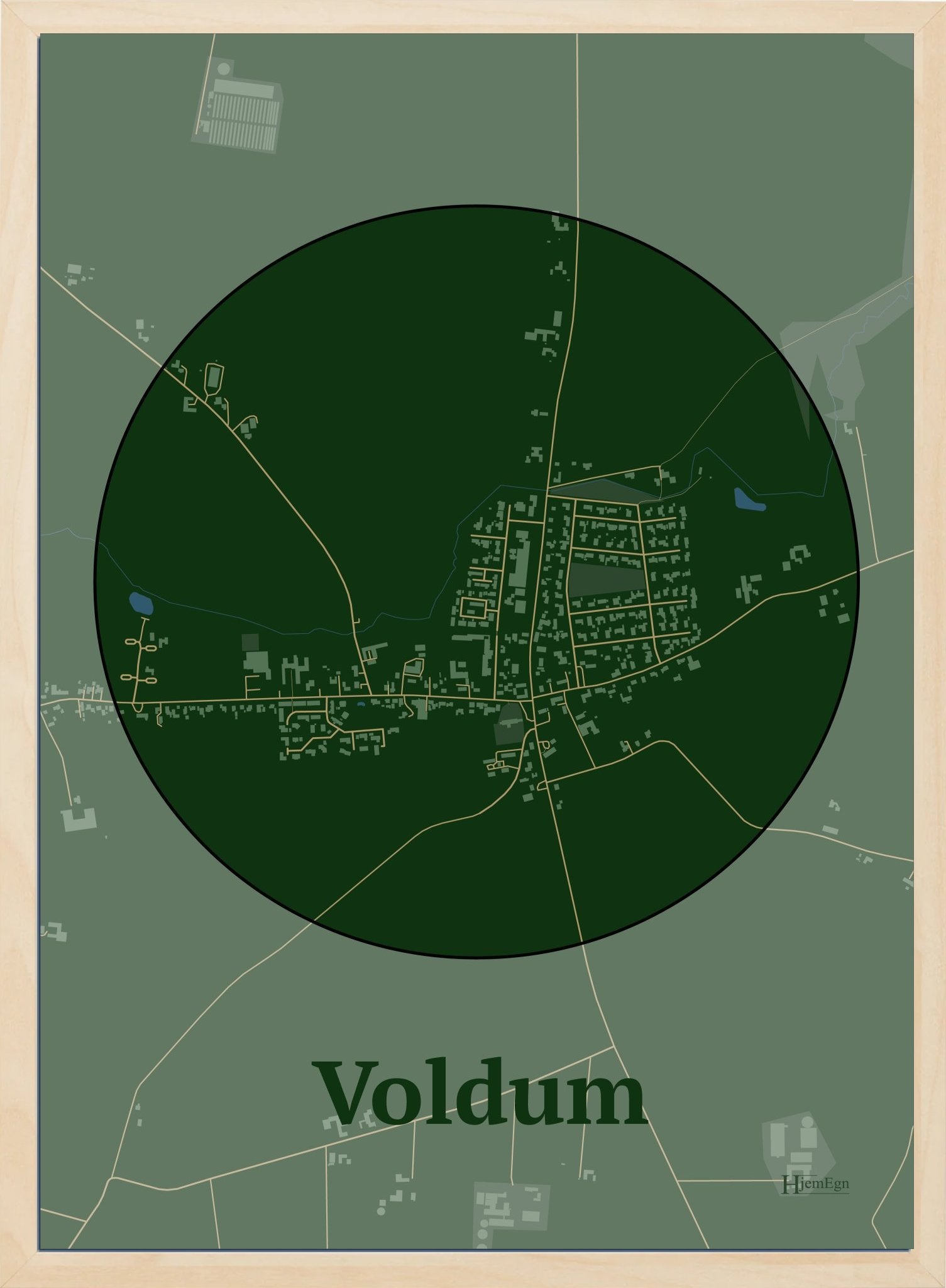 Voldum plakat i farve mørk grøn og HjemEgn.dk design centrum. Design bykort for Voldum