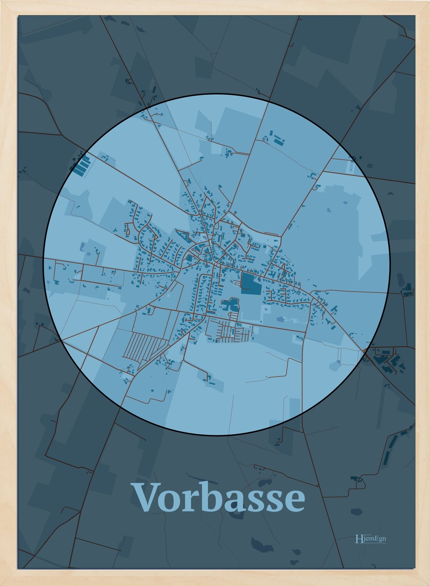 Vorbasse plakat i farve pastel blå og HjemEgn.dk design centrum. Design bykort for Vorbasse