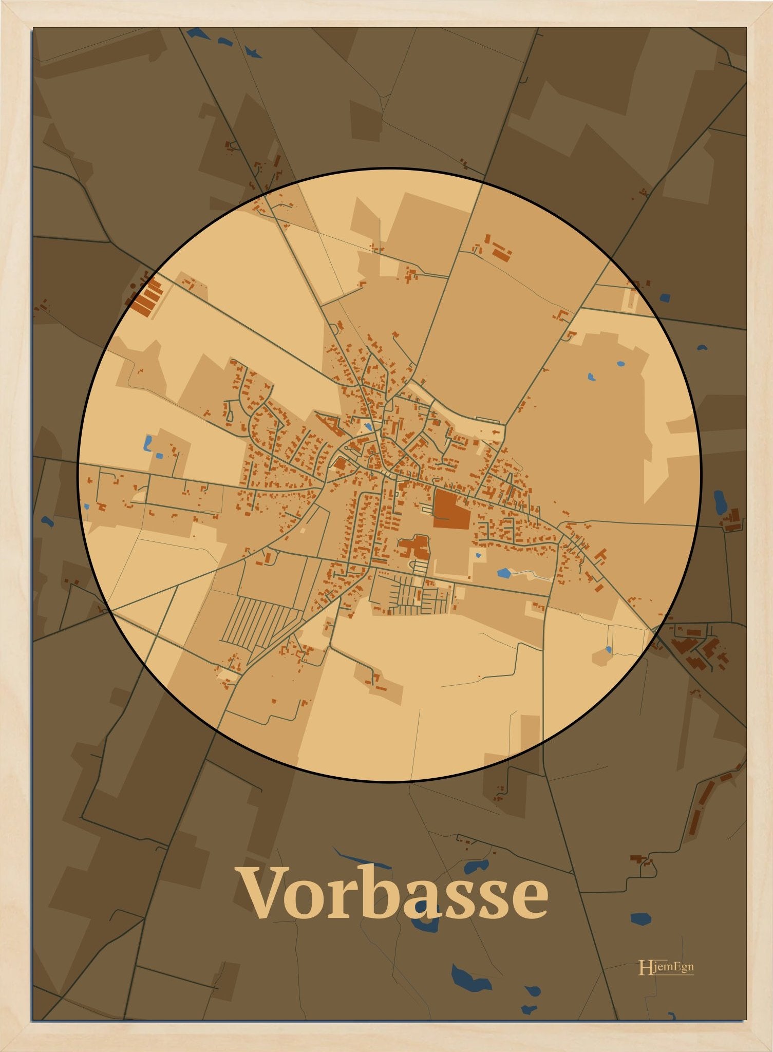 Vorbasse plakat i farve pastel brun og HjemEgn.dk design centrum. Design bykort for Vorbasse