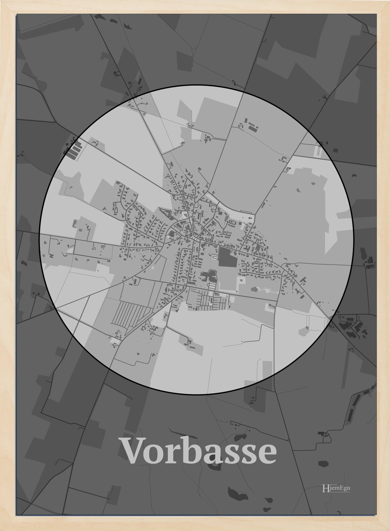 Vorbasse plakat i farve pastel grå og HjemEgn.dk design centrum. Design bykort for Vorbasse