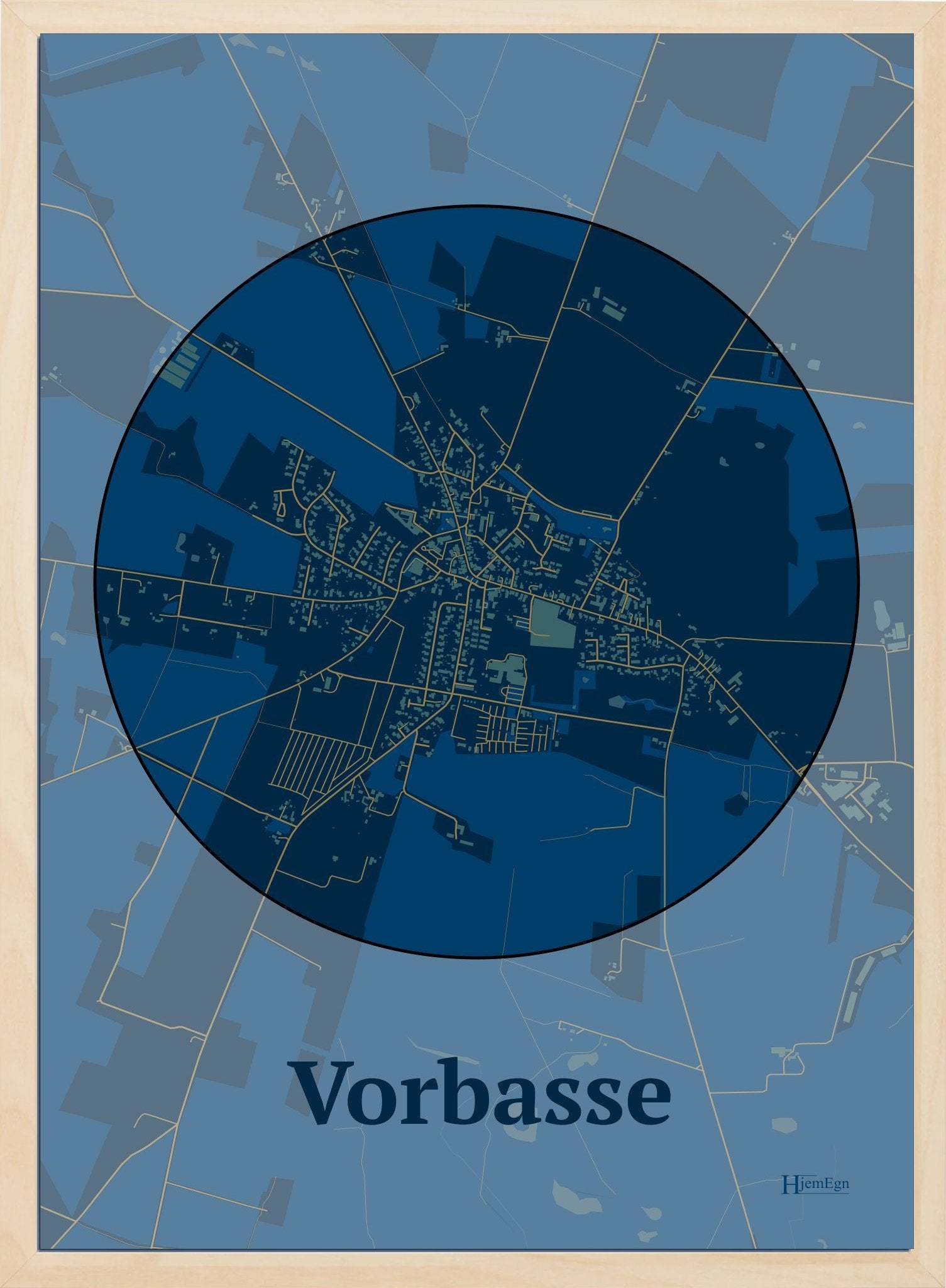 Vorbasse plakat i farve mørk blå og HjemEgn.dk design centrum. Design bykort for Vorbasse