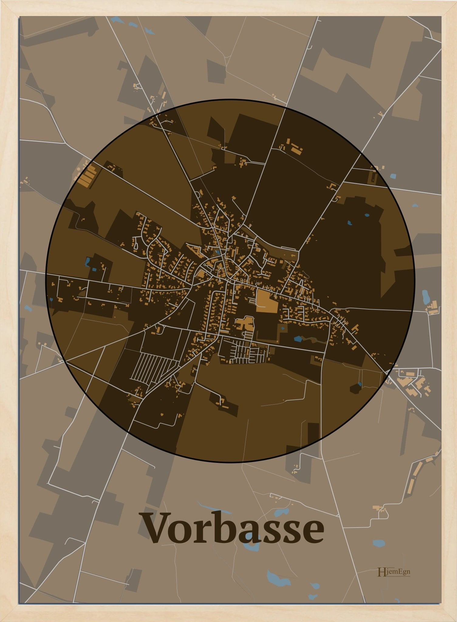 Vorbasse plakat i farve mørk brun og HjemEgn.dk design centrum. Design bykort for Vorbasse