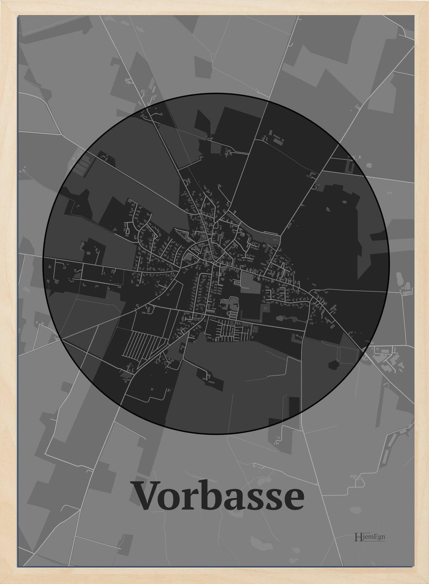 Vorbasse plakat i farve mørk grå og HjemEgn.dk design centrum. Design bykort for Vorbasse