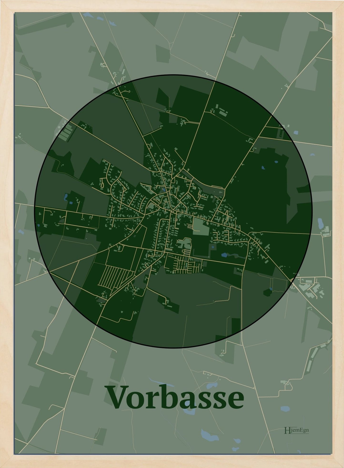 Vorbasse plakat i farve mørk grøn og HjemEgn.dk design centrum. Design bykort for Vorbasse