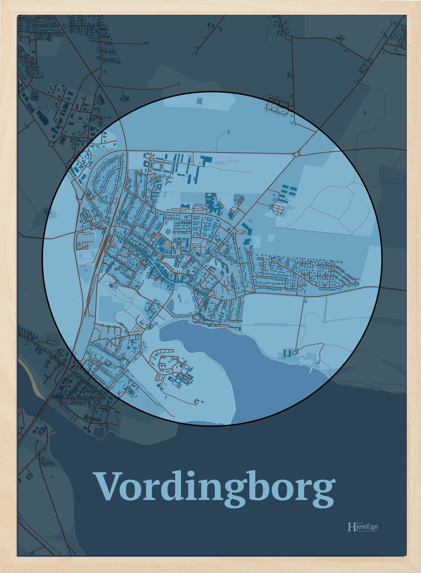 Vordingborg plakat i farve pastel blå og HjemEgn.dk design centrum. Design bykort for Vordingborg