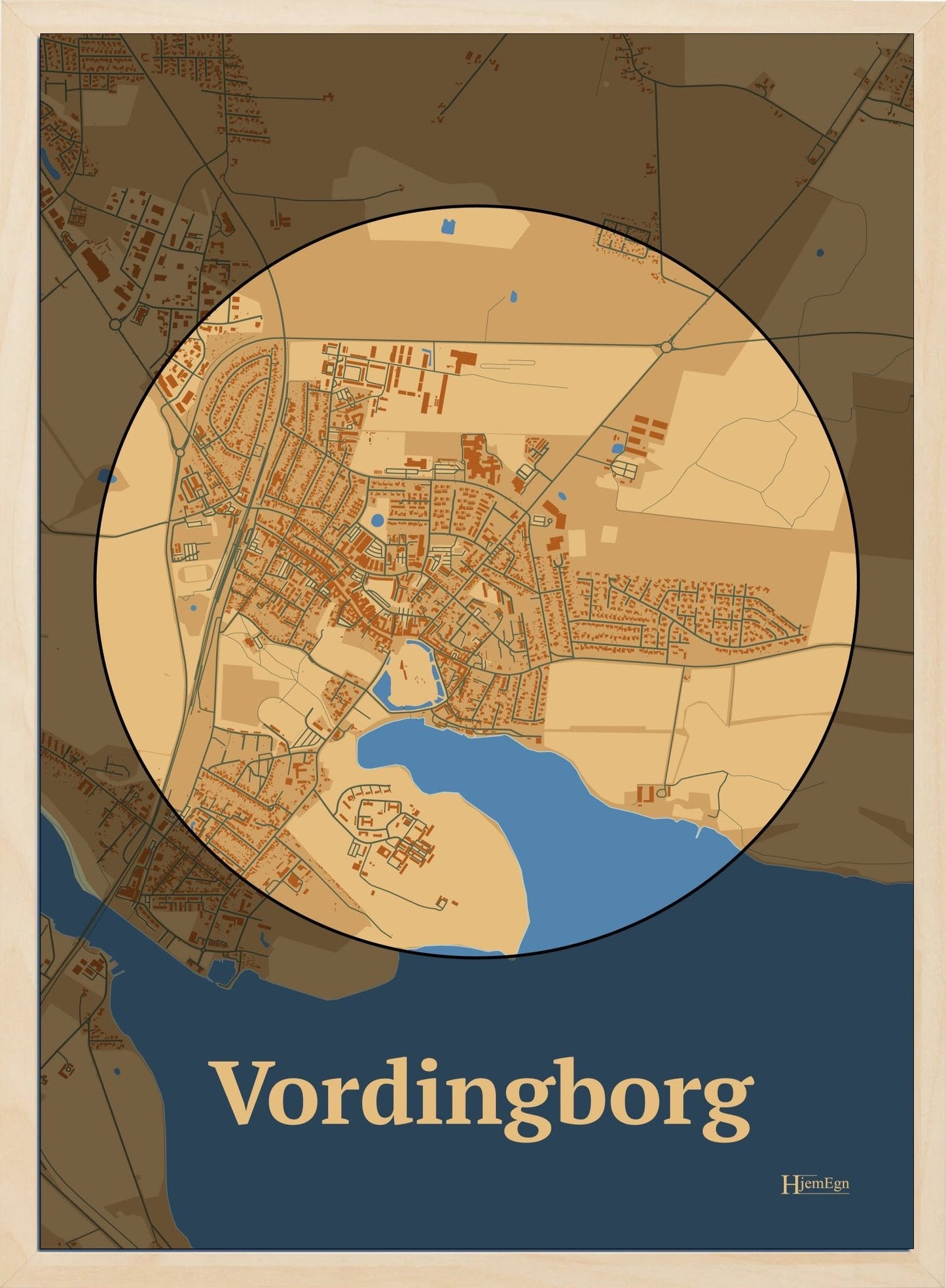 Vordingborg plakat i farve pastel brun og HjemEgn.dk design centrum. Design bykort for Vordingborg