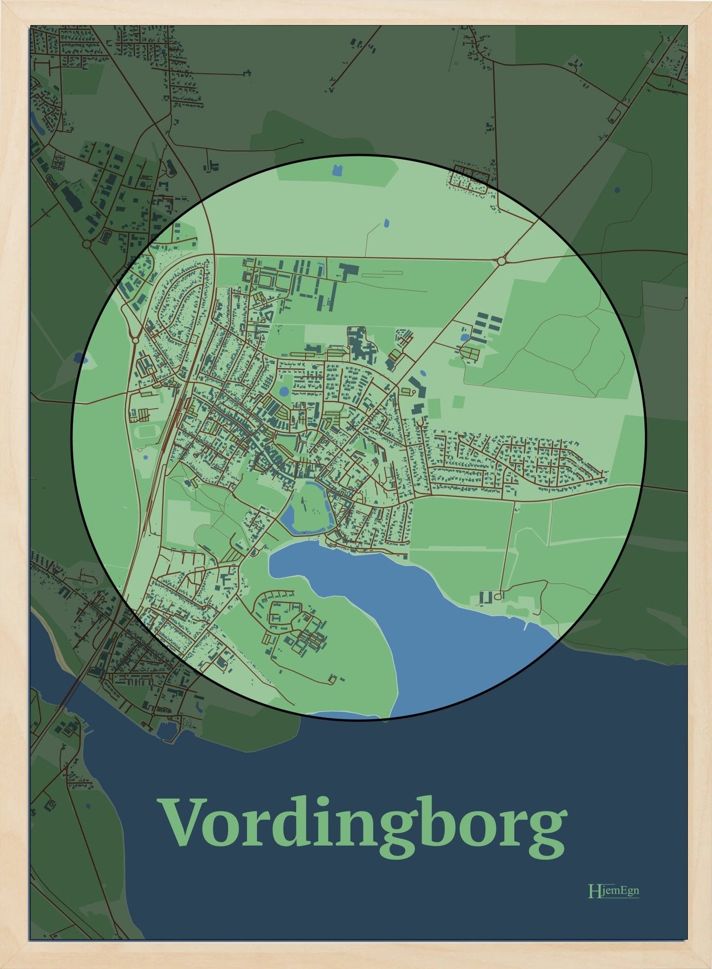 Vordingborg plakat i farve pastel grøn og HjemEgn.dk design centrum. Design bykort for Vordingborg