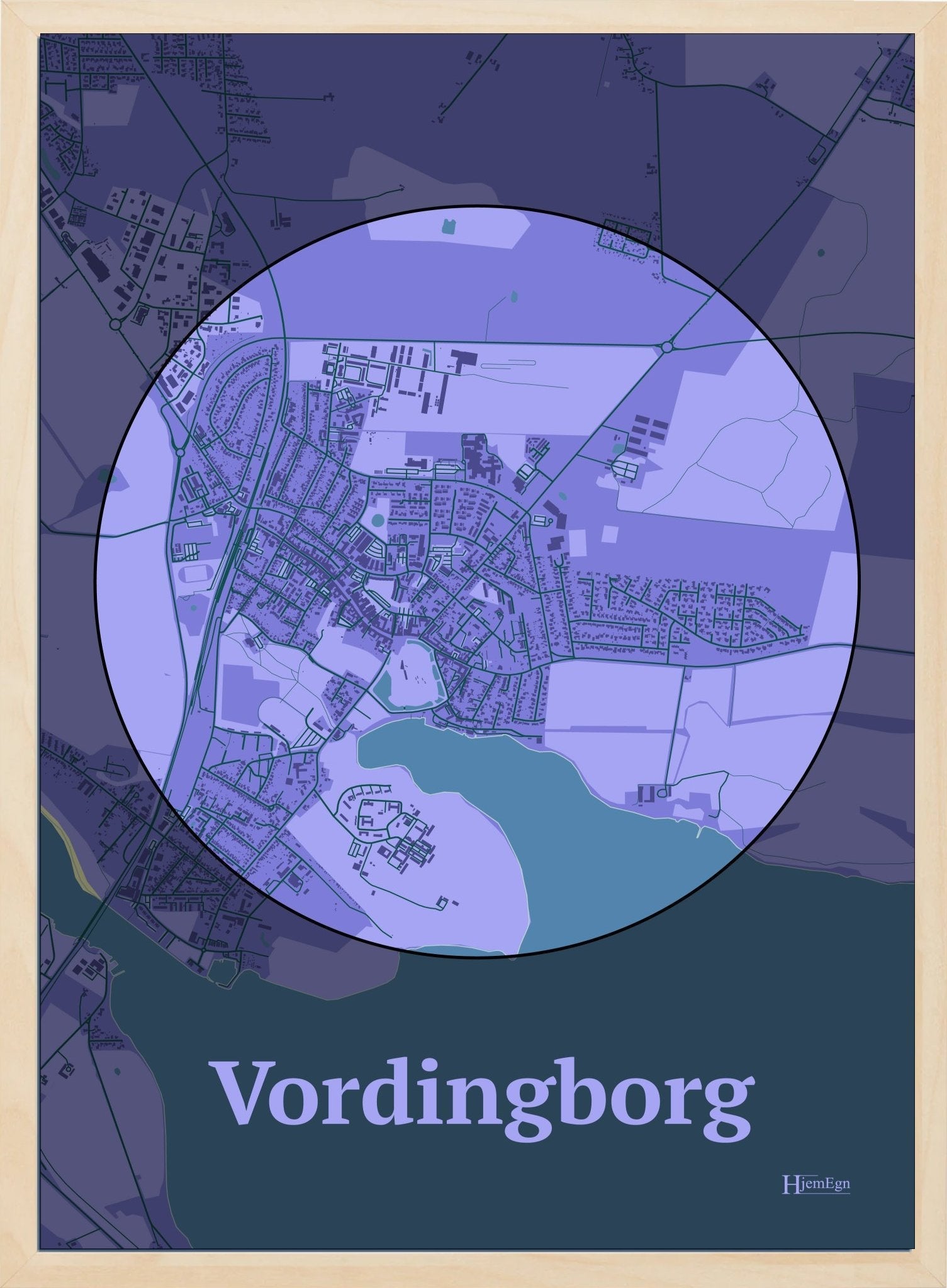 Vordingborg plakat i farve pastel lilla og HjemEgn.dk design centrum. Design bykort for Vordingborg