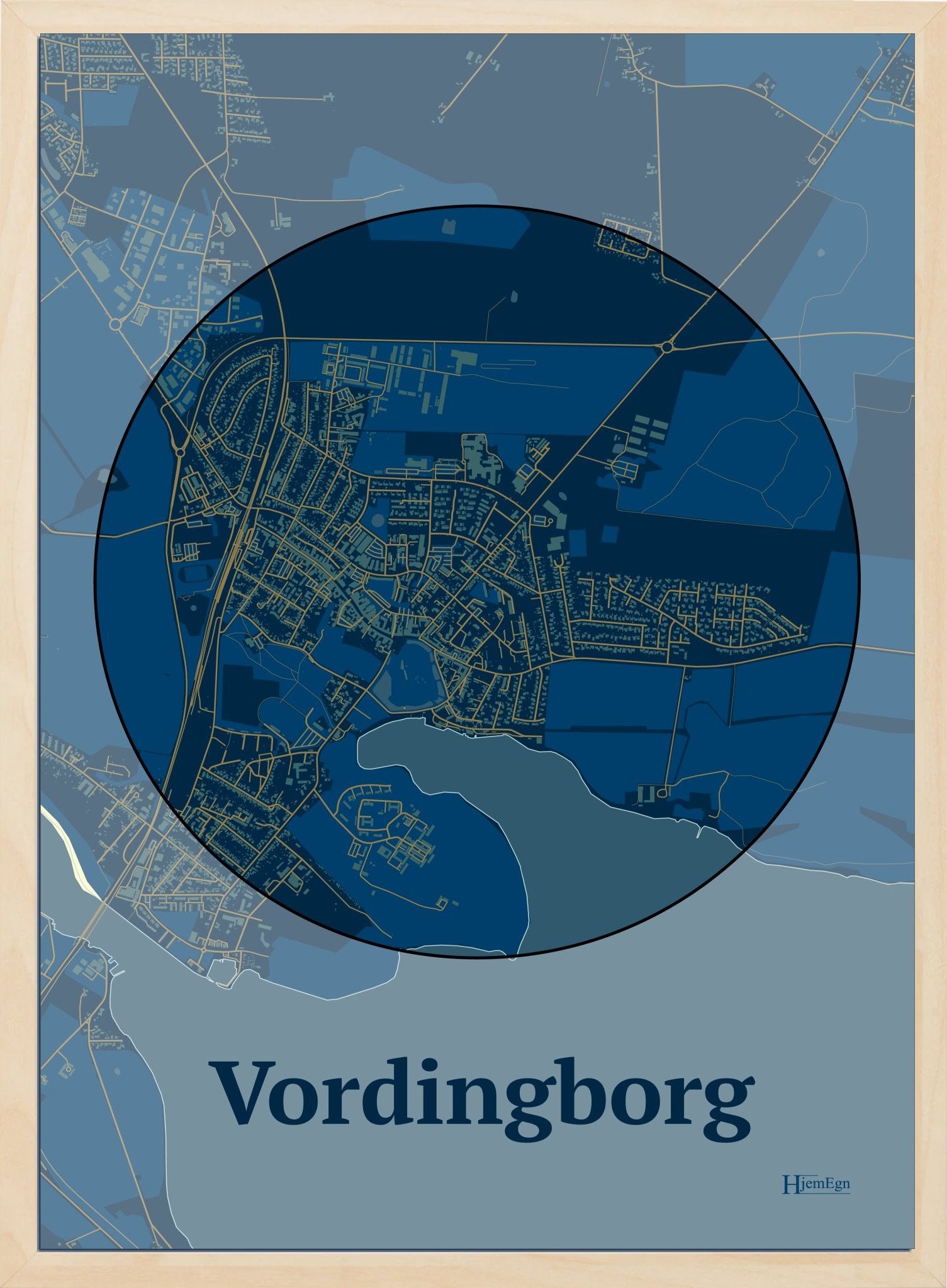 Vordingborg plakat i farve mørk blå og HjemEgn.dk design centrum. Design bykort for Vordingborg