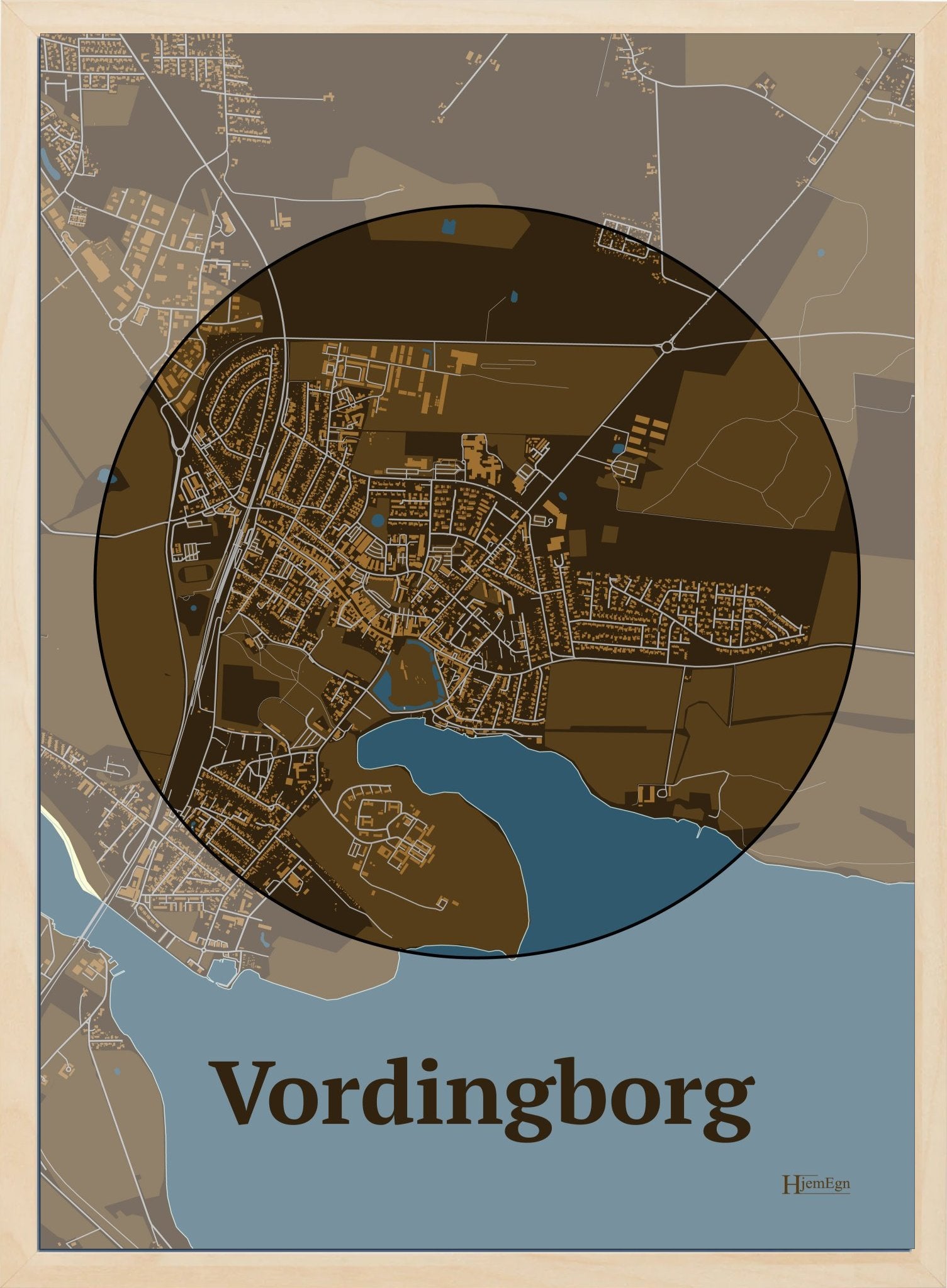 Vordingborg plakat i farve mørk brun og HjemEgn.dk design centrum. Design bykort for Vordingborg