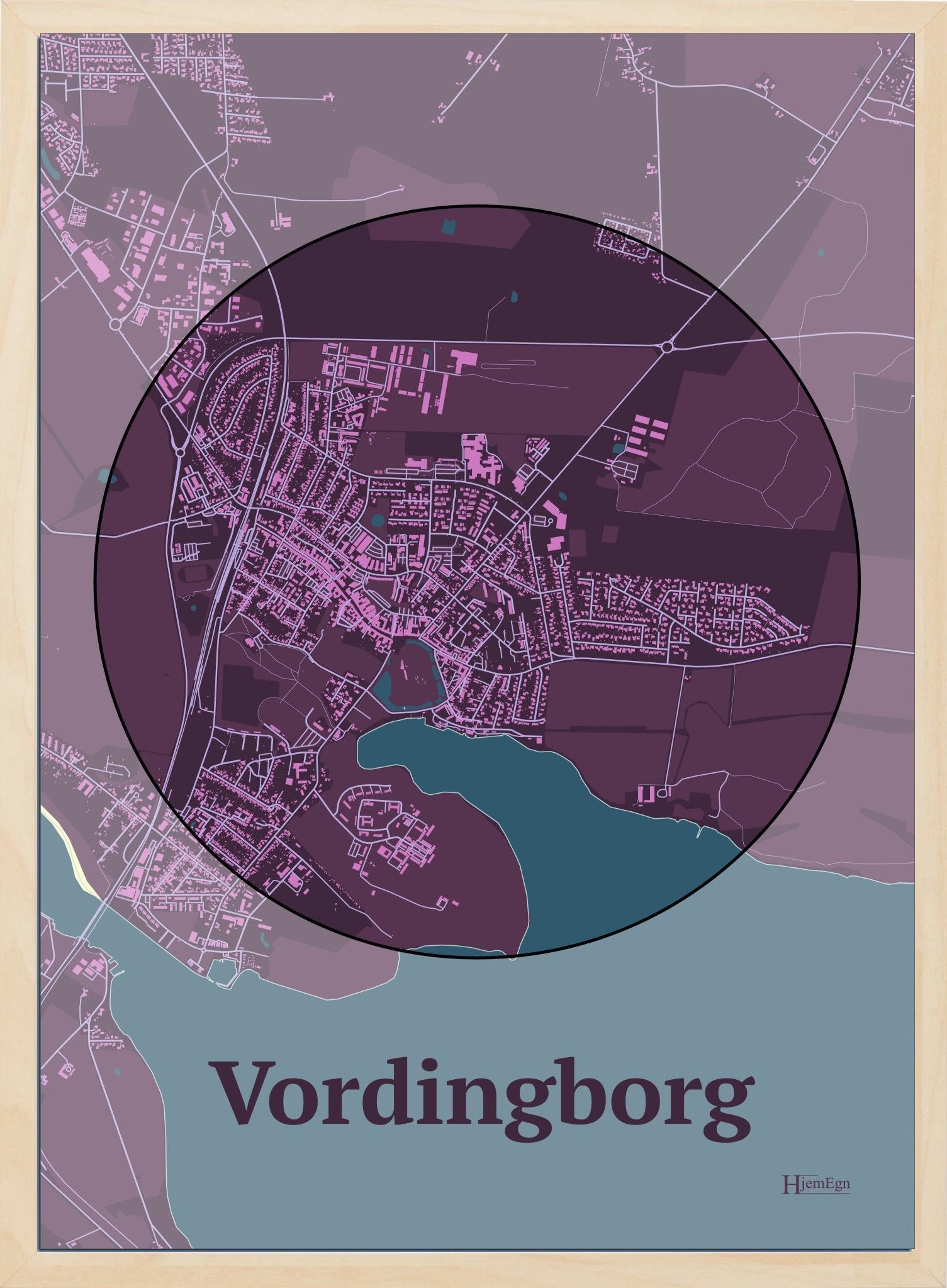Vordingborg plakat i farve mørk rød og HjemEgn.dk design centrum. Design bykort for Vordingborg