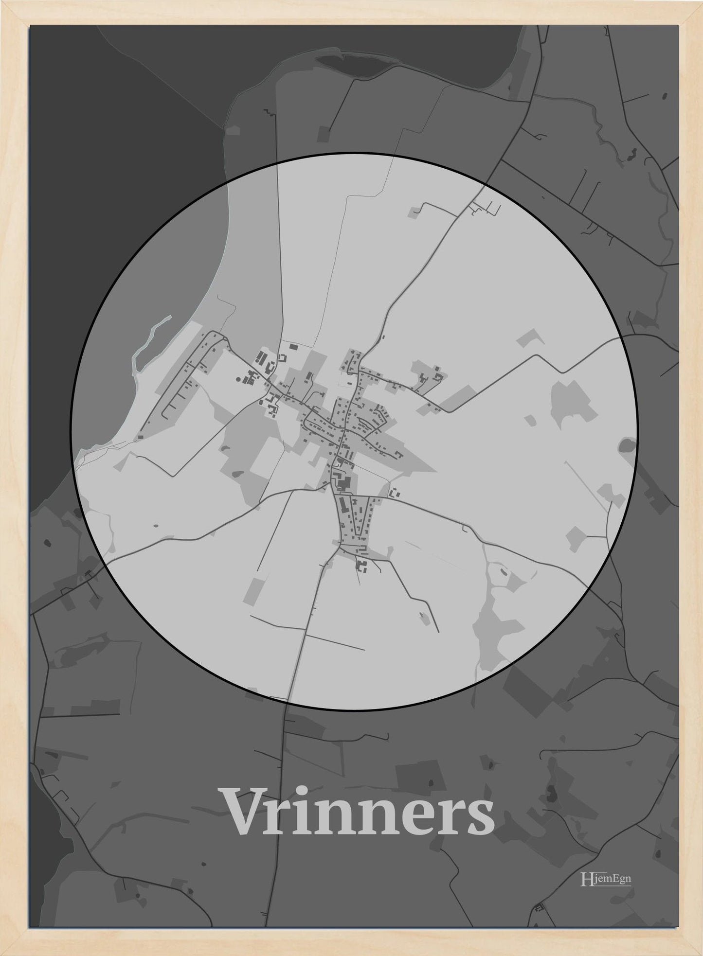 Vrinners plakat i farve pastel grå og HjemEgn.dk design centrum. Design bykort for Vrinners