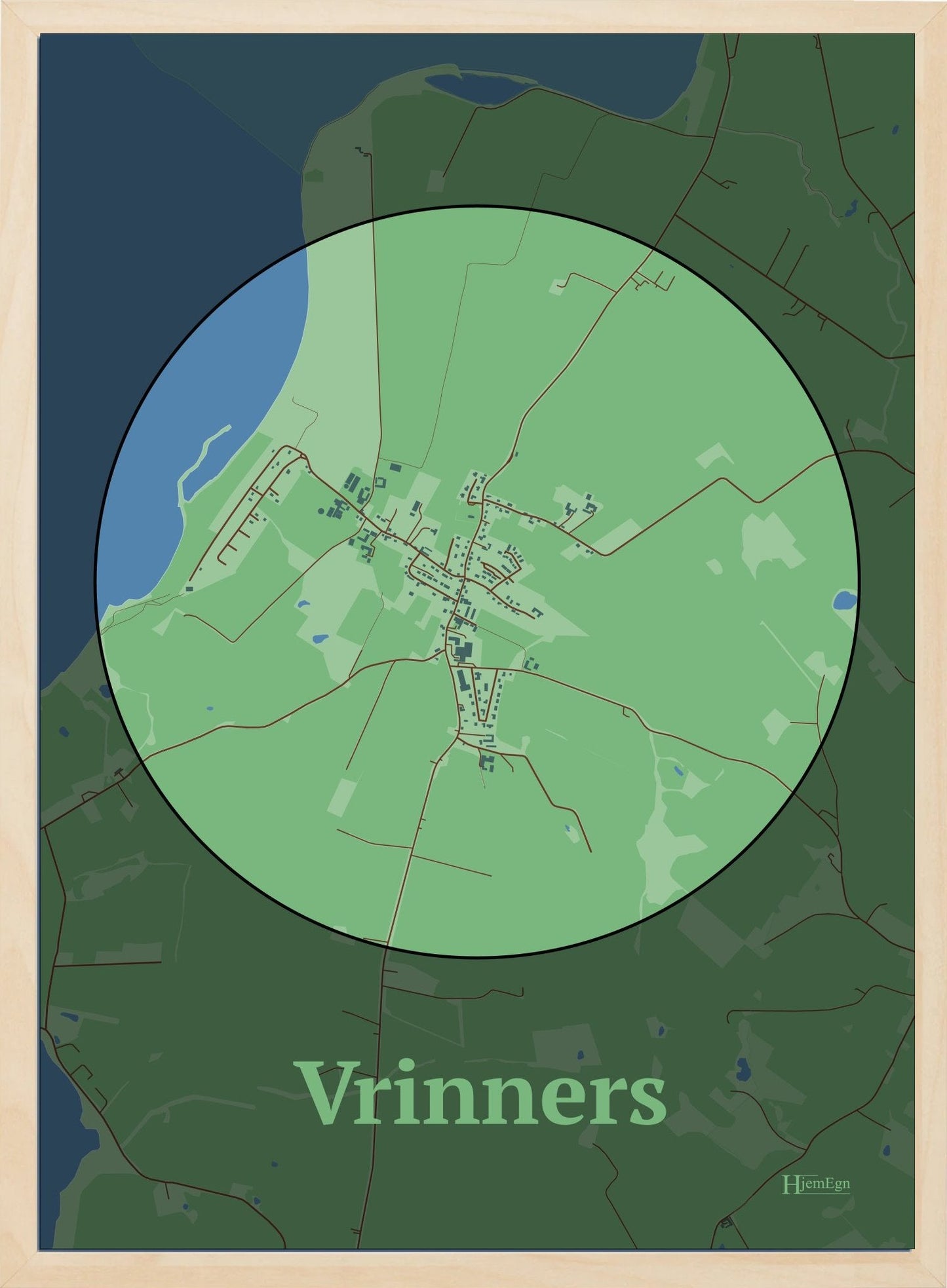 Vrinners plakat i farve pastel grøn og HjemEgn.dk design centrum. Design bykort for Vrinners