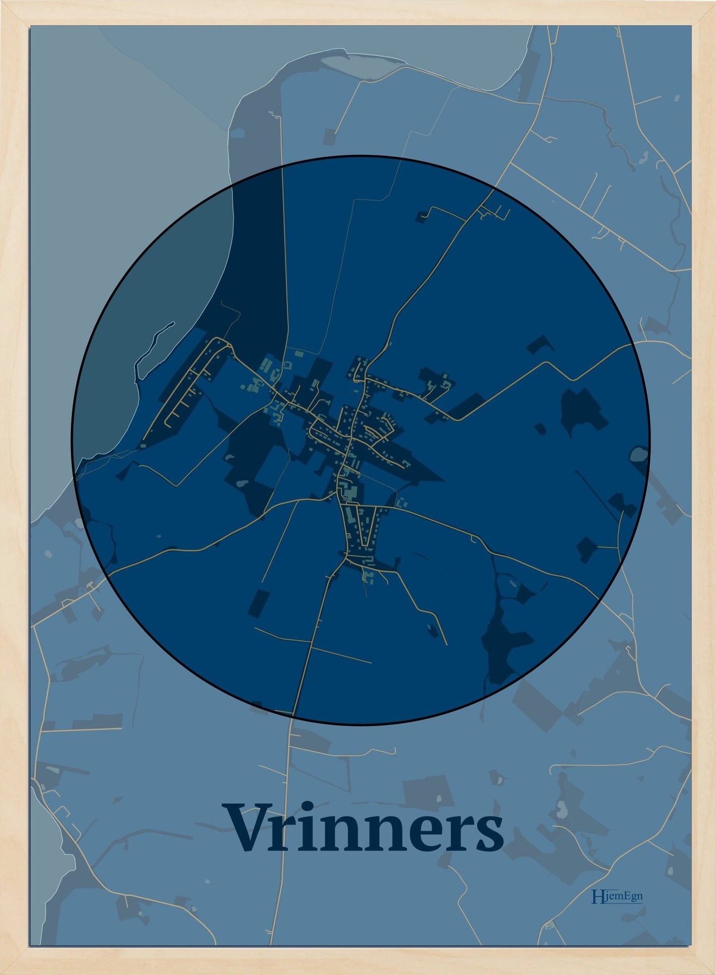 Vrinners plakat i farve mørk blå og HjemEgn.dk design centrum. Design bykort for Vrinners