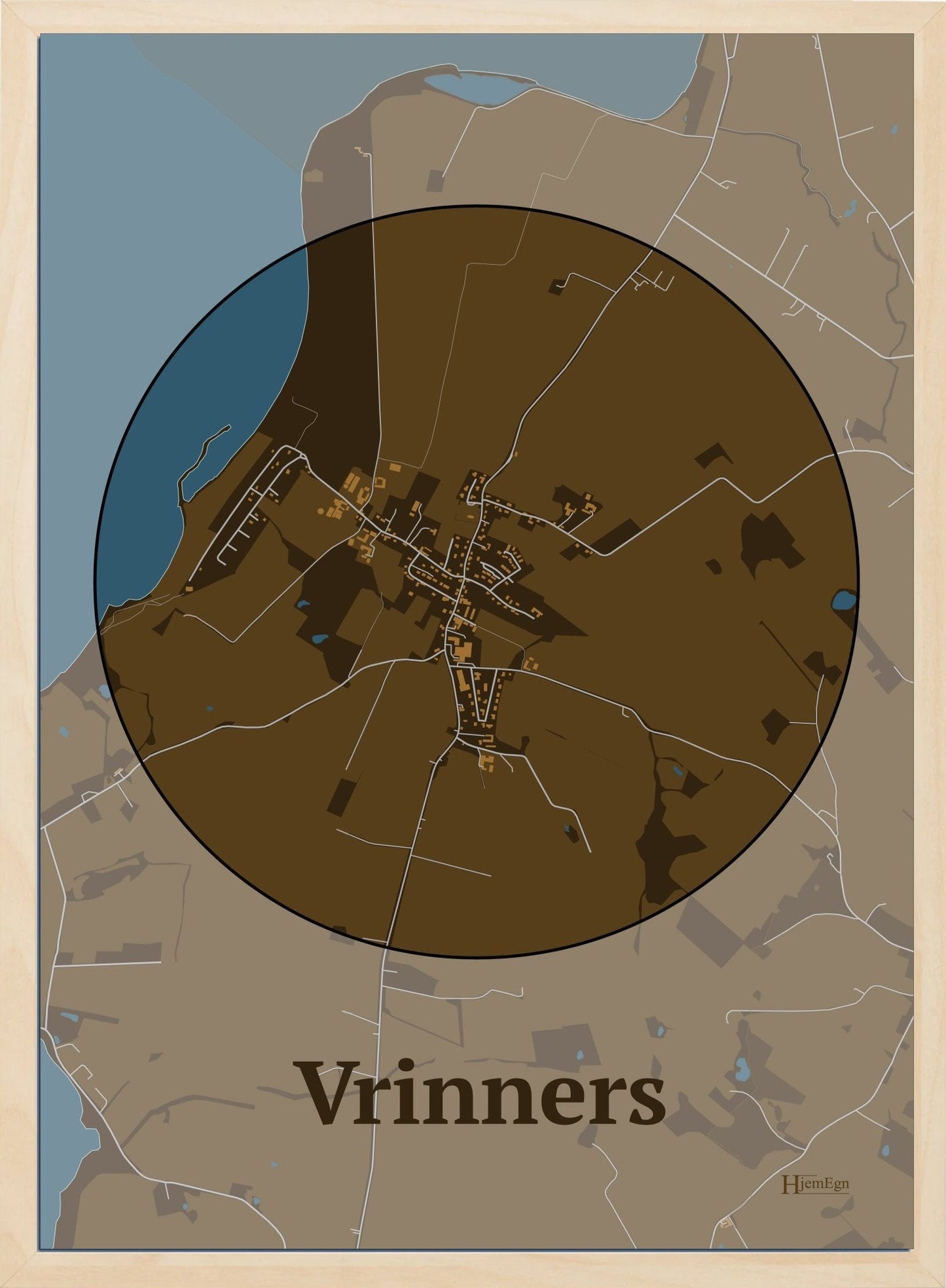 Vrinners plakat i farve mørk brun og HjemEgn.dk design centrum. Design bykort for Vrinners