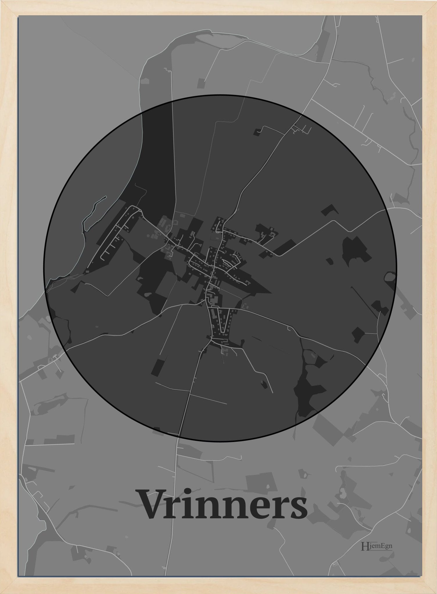 Vrinners plakat i farve mørk grå og HjemEgn.dk design centrum. Design bykort for Vrinners
