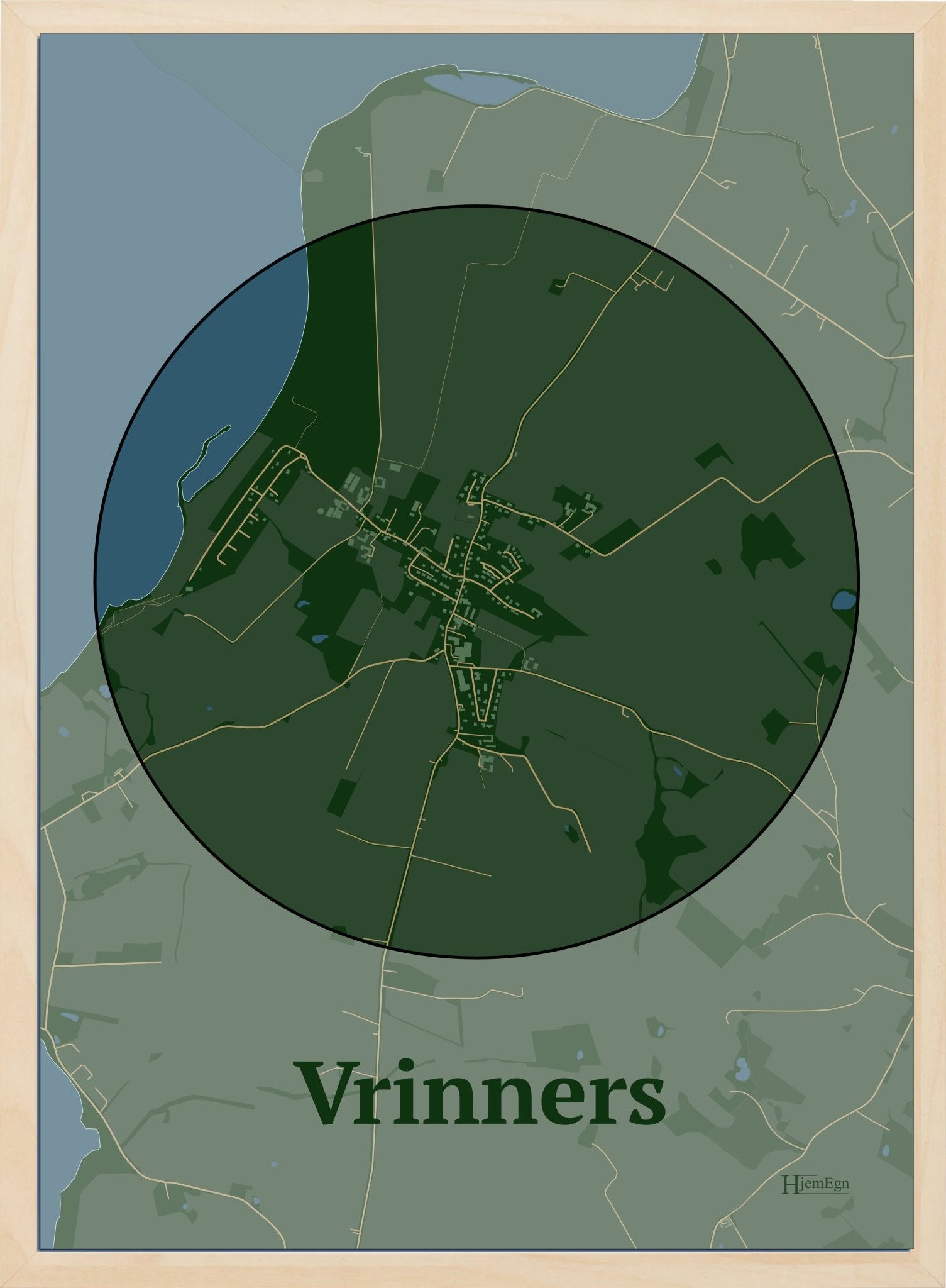 Vrinners plakat i farve mørk grøn og HjemEgn.dk design centrum. Design bykort for Vrinners