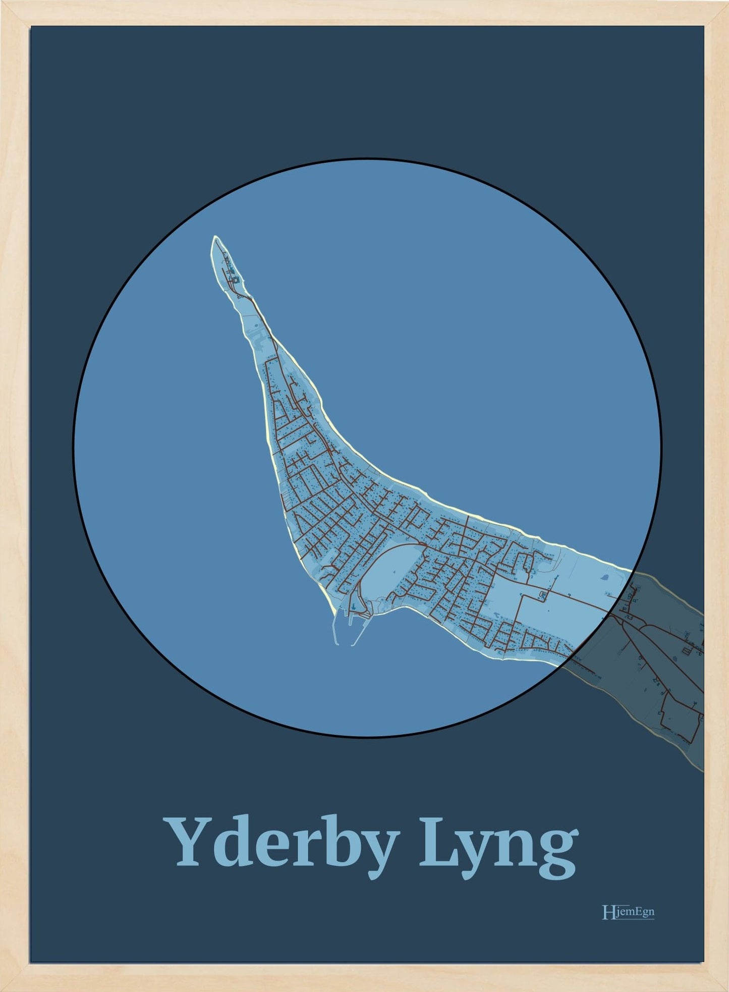 Yderby Lyng plakat i farve pastel blå og HjemEgn.dk design centrum. Design bykort for Yderby Lyng