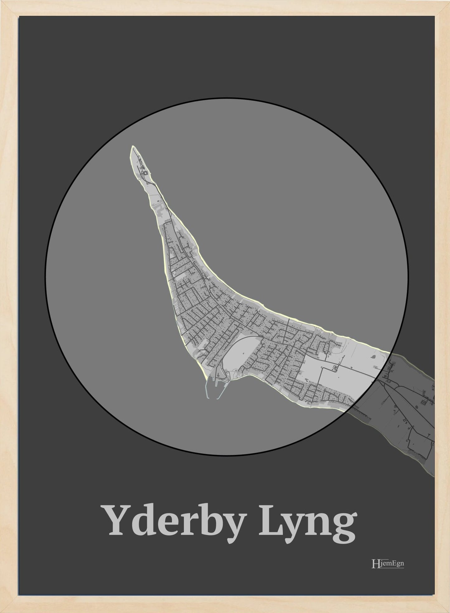 Yderby Lyng plakat i farve pastel grå og HjemEgn.dk design centrum. Design bykort for Yderby Lyng