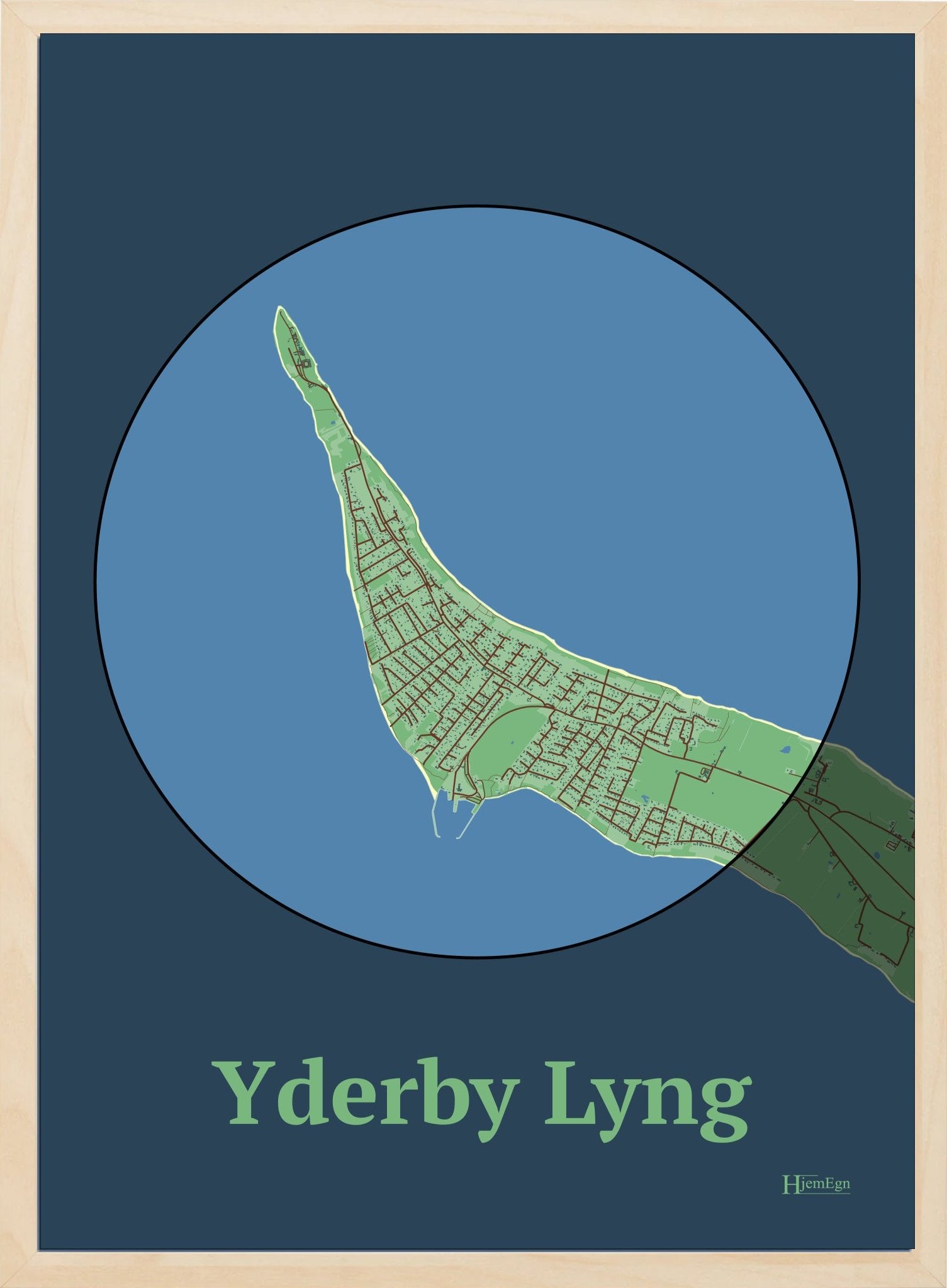 Yderby Lyng plakat i farve pastel grøn og HjemEgn.dk design centrum. Design bykort for Yderby Lyng