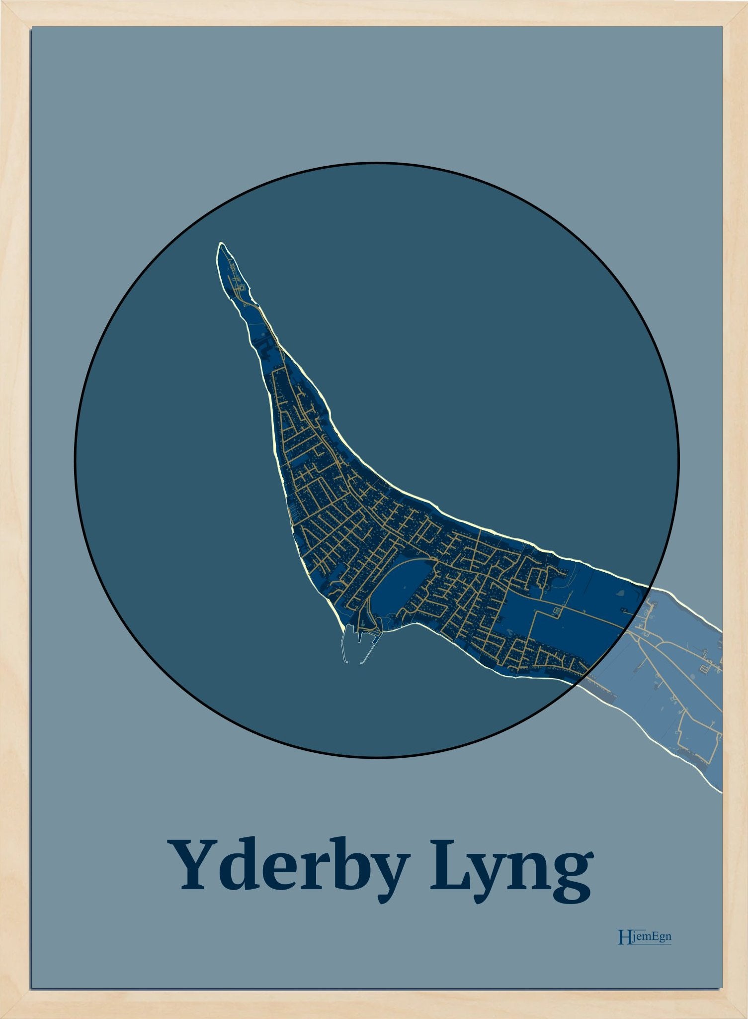 Yderby Lyng plakat i farve mørk blå og HjemEgn.dk design centrum. Design bykort for Yderby Lyng