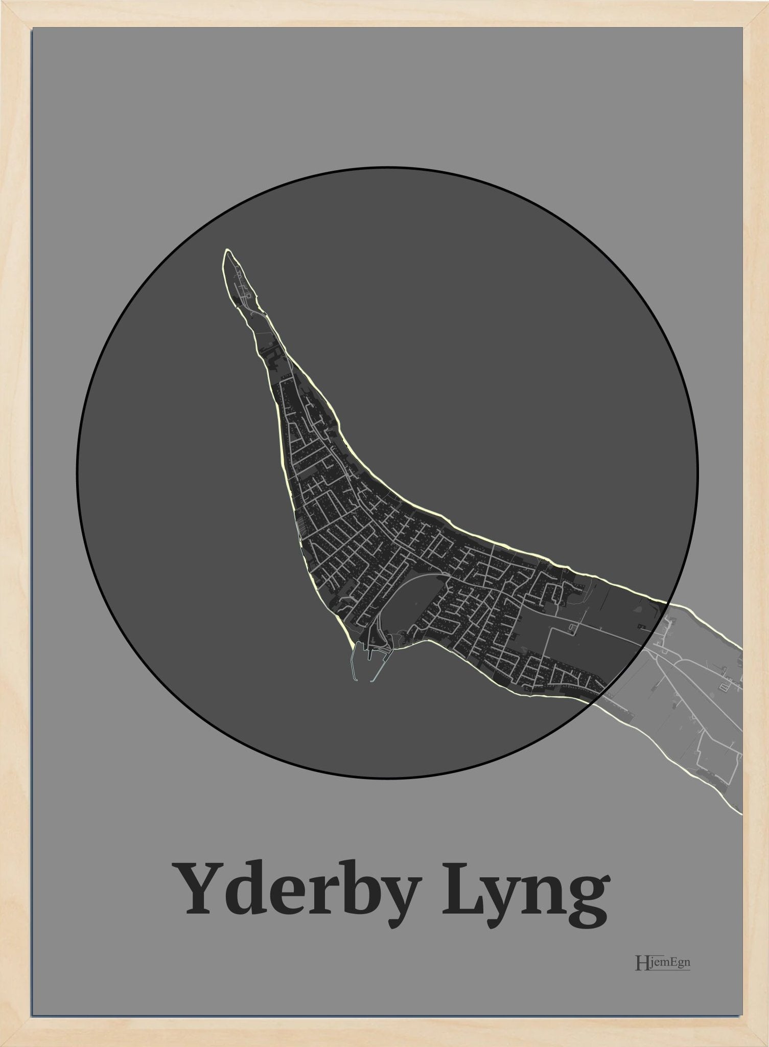 Yderby Lyng plakat i farve mørk grå og HjemEgn.dk design centrum. Design bykort for Yderby Lyng